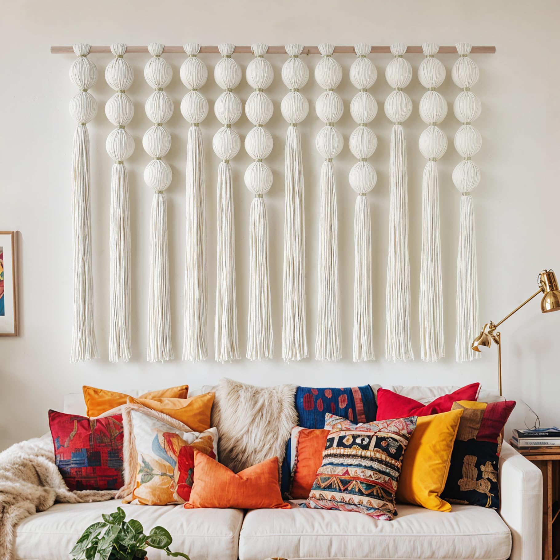 Makramee-Wandbehang, große Boho-Wanddekoration, handgefertigte Baumwollfaser-Wandkunst mit Quasten, moderner gewebter Wandteppich für Wohnzimmer Schlafzimmer, 119,4 cm B x 81,3 cm L