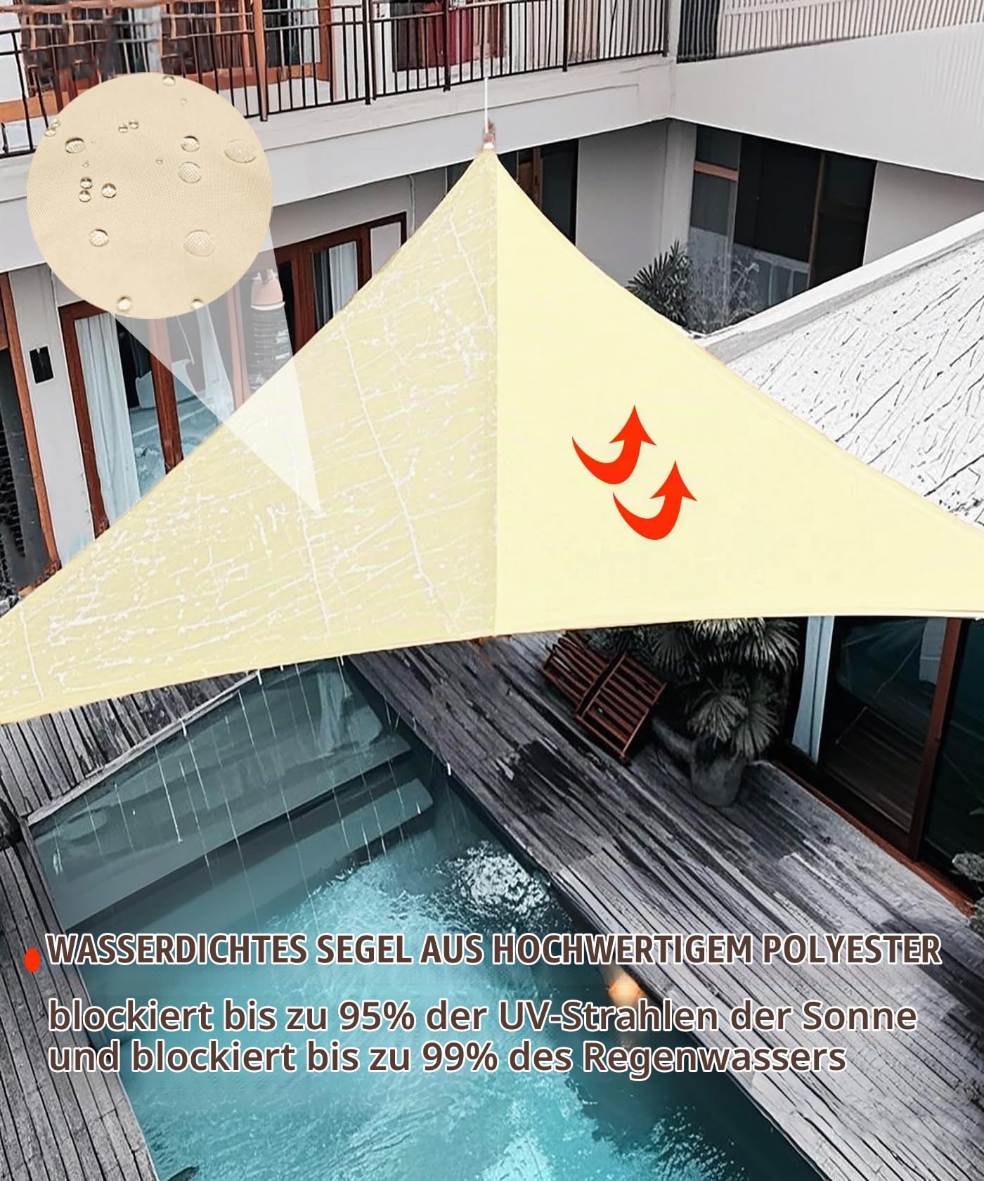 Sonnensegel, 2 m x 4 m, rechteckig, wasserdicht, PES-Polyester, 98 % UV-Schutz, für Terrasse / Garten, rechteckig, mit Seilen im Lieferumfang enthalten, cremefarben