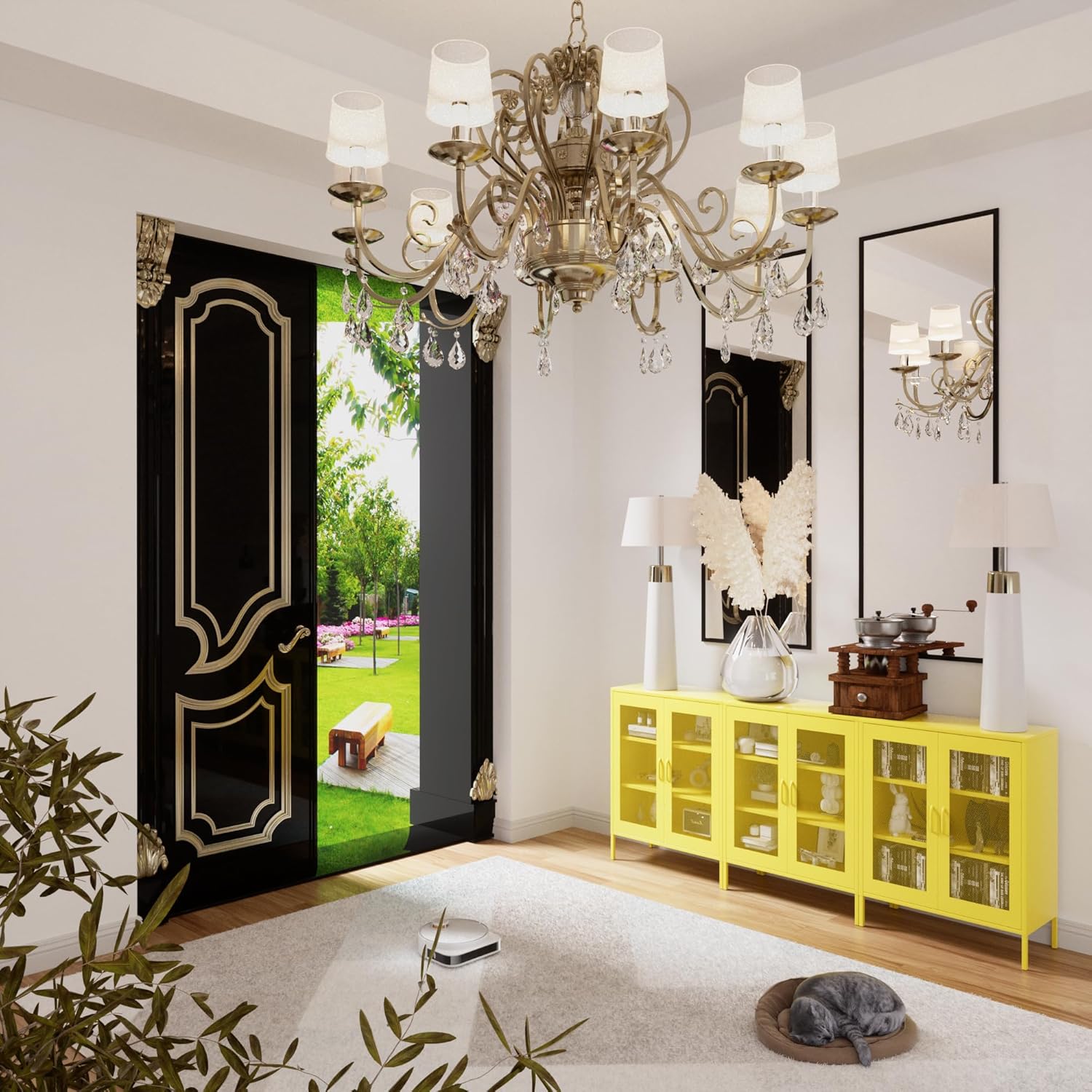 COFaR Metal Cabinet, Metal Storage Cabinets with 2 Mesh Doors and Adjustable Shelves, Locker Cabinet Storage for Coffee Bar TV Stand Bedroom Office Kitchen Buffet Sideboard Bookcase, Yellow 40''H