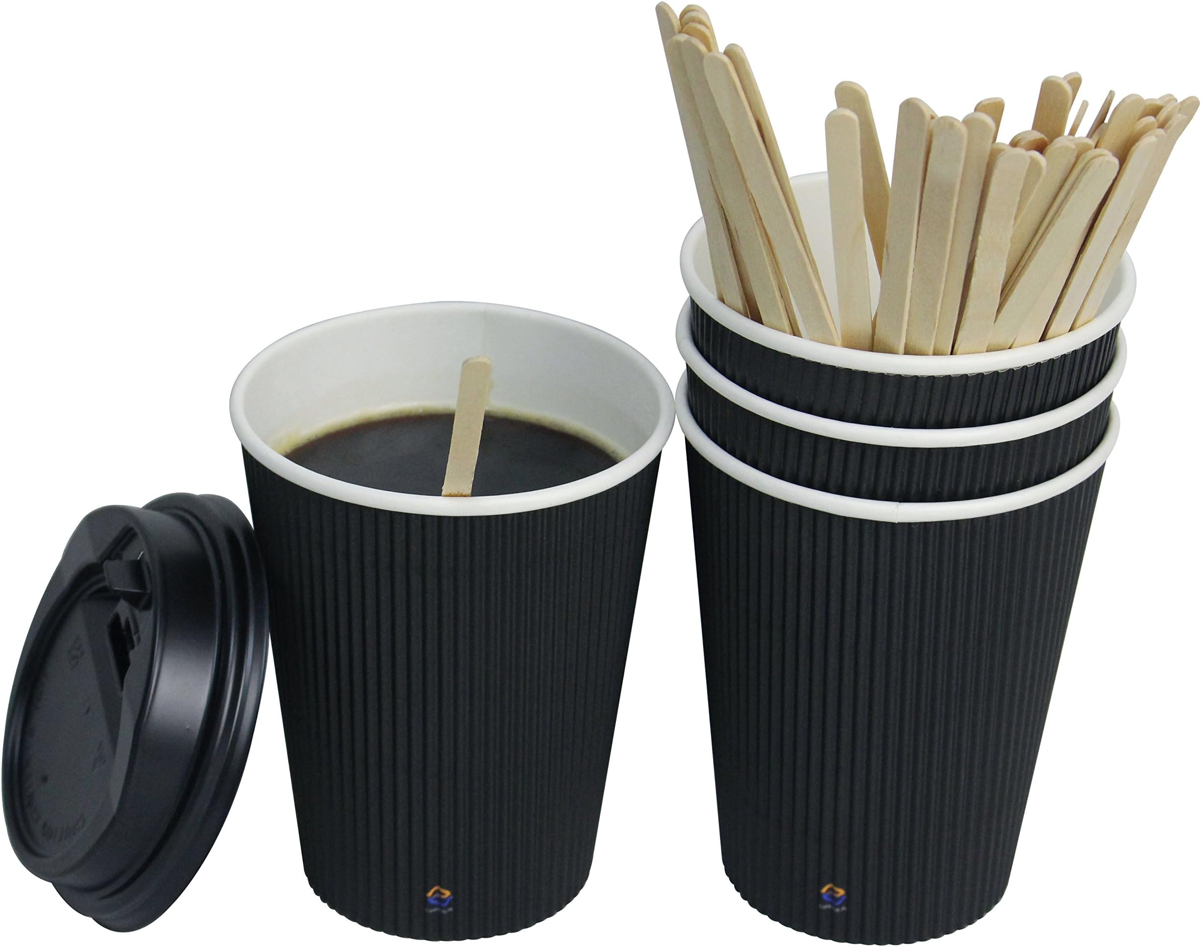 Disposable Insulated Ripple Coffee Hot Paper Cups Sets (40 Count) - Coffee Cups, Black Cappuccino Lids, Wood Stirrers - Serve Hot/Cold Water, Tea, Hot Chocolate (12 Ounce, Black)