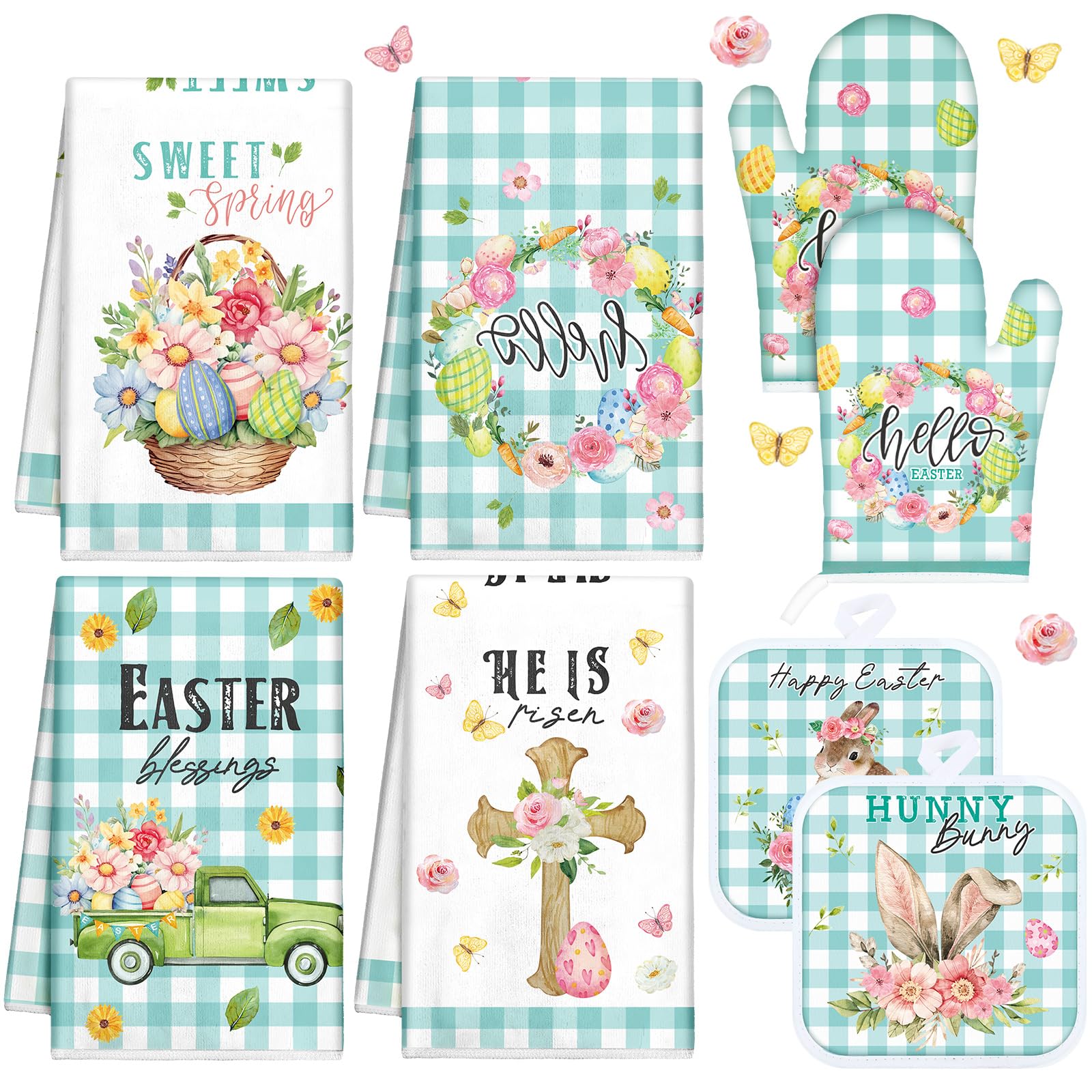 VitalCozy8 Pcs Easter Kitchen Towels Oven Mitts and Pot Holder Sets Happy Easter Floral Kitchen Towels Dish Towel Cute Bunny Egg Heat Resistant Oven Gloves Potholder for Holiday Baking