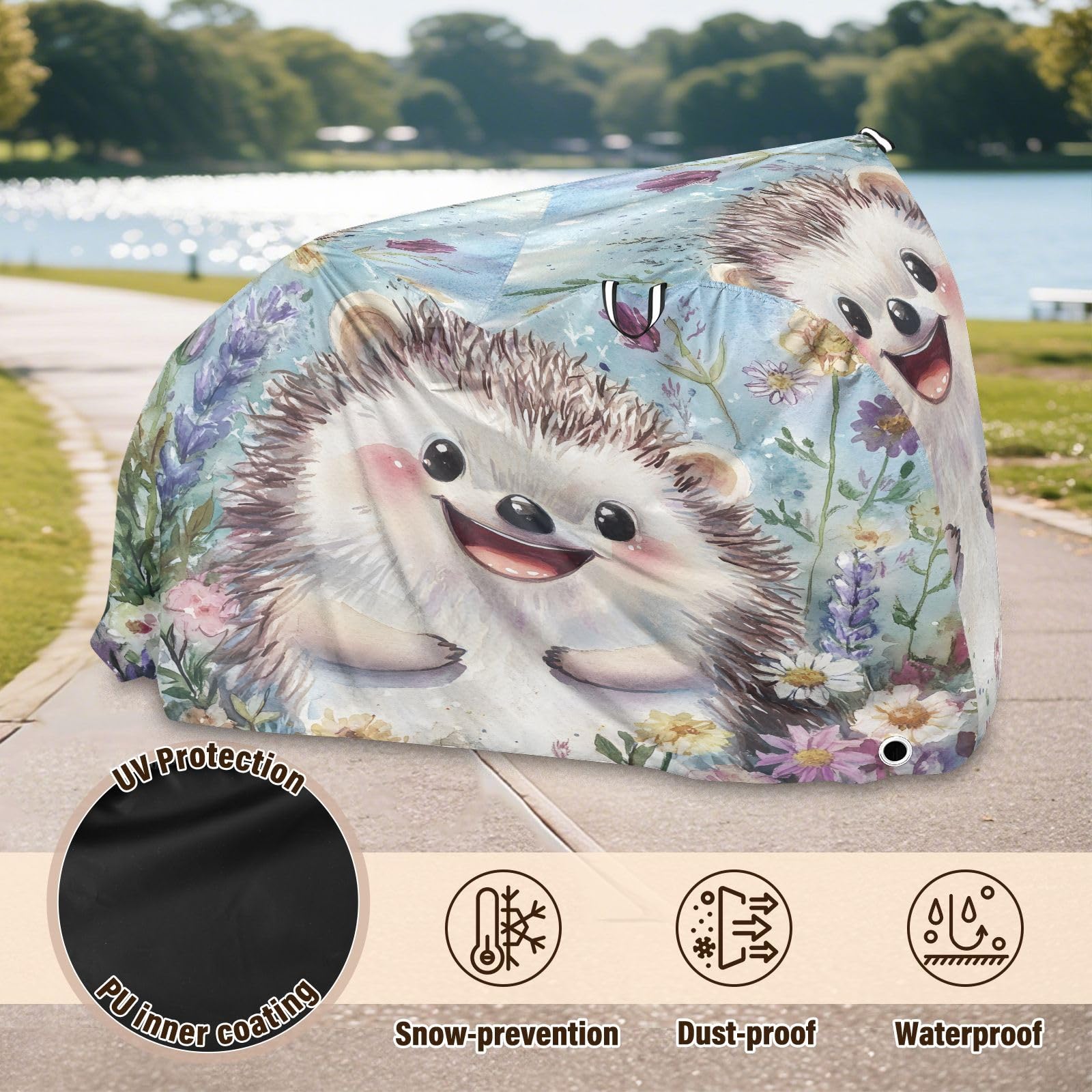 Pokrowiec na rower, wodoodporny, outdoorowy, rowerowy, motorower, wytrzymały, wiatroszczelny, ochrona przed słońcem, do roweru górskiego, szosowego, szczęśliwy jeż, kwiat