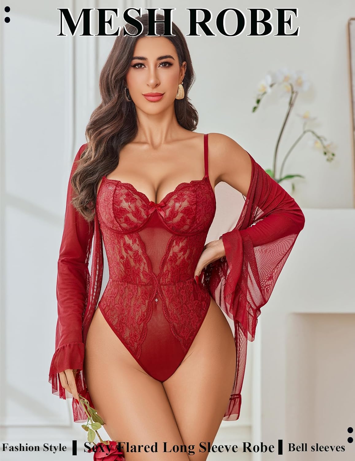 Avidlove Women Sexy Lingerie Set 2 Piece Sheer Kimono Robe with Lace Teddy Lingerie Bodysuit - Image 5