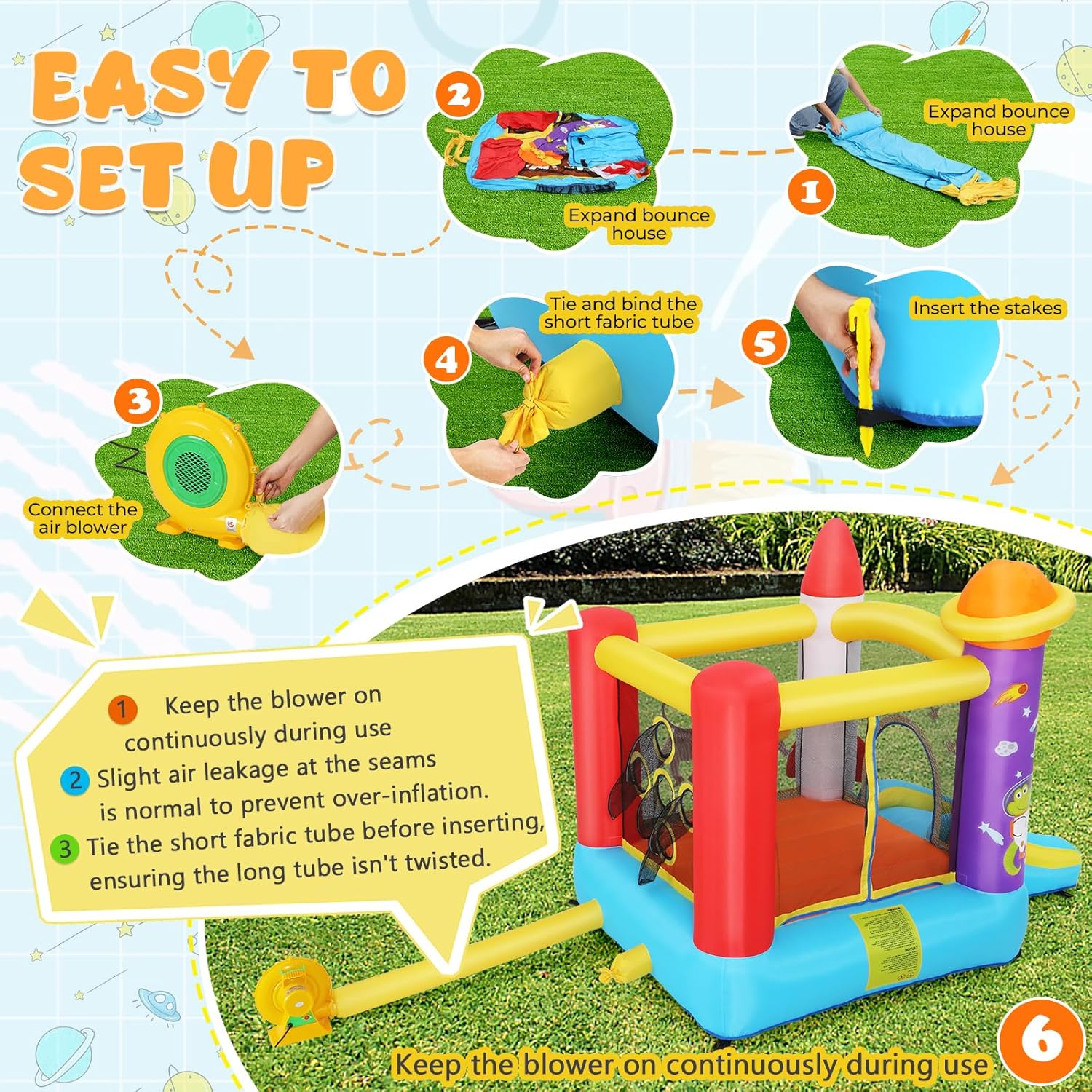 Diagram showing six steps for setting up the bounce house: spreading it out, connecting the blower, tying the short tube, inserting stakes, and keeping the blower on.