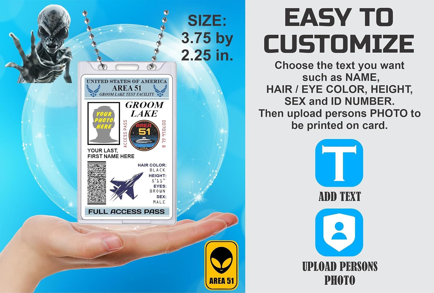 Area 51 Full Access Novelty ID Badge Prop PVC [Customizable] Groom Lake Alien UFO Identification