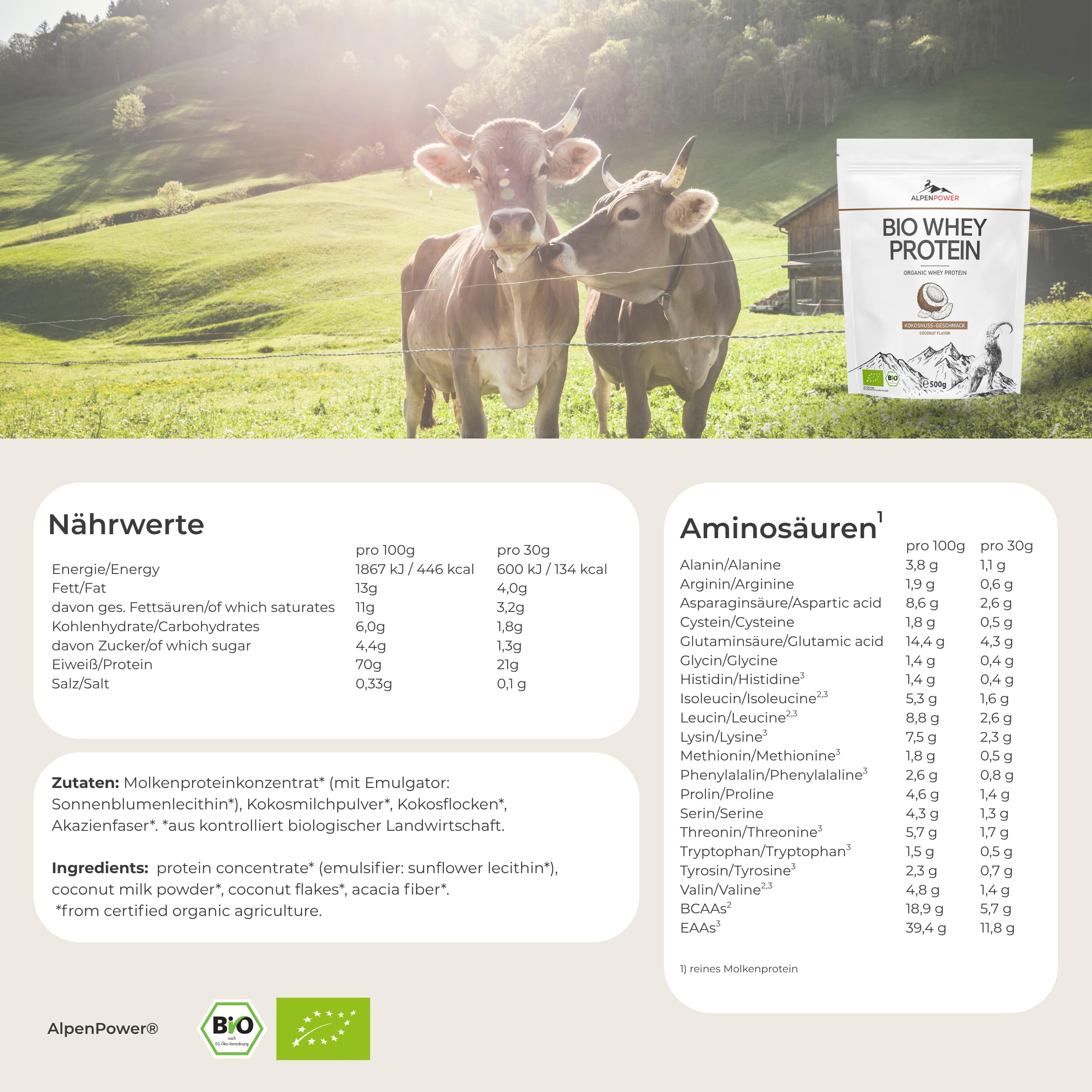 AlpenPower BIO WHEY proteine al gusto di cocco 1 kg - Ingredienti 100% naturali e senza additivi - Prodotto con il miglior latte alpino biologico - Polvere proteica CFM di alta qualità