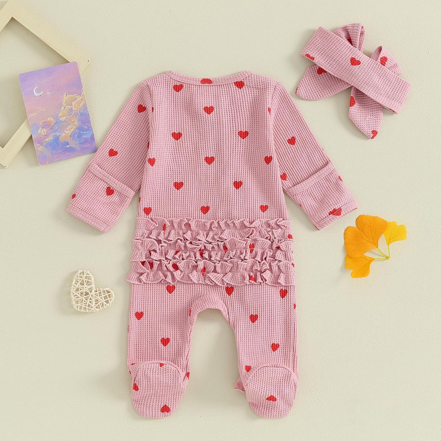 My First Valentines Baby Girl Outfit Newborn Footie Romper Heart Bodysuit + Headband Infant One Piece Outfit