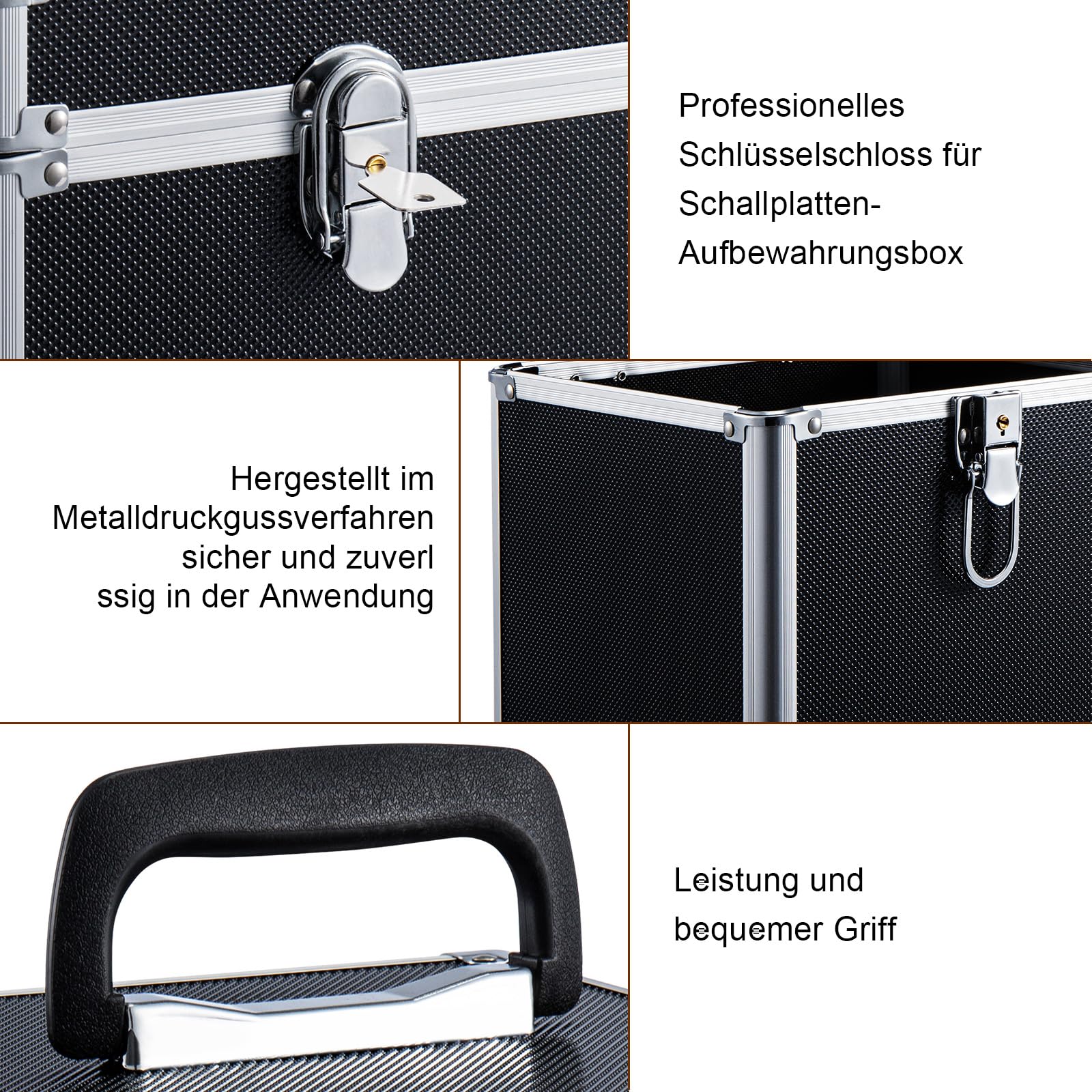Plattenkoffer Schallplattenkoffer Koffer Abschließbarer Schallplattenkoffer aus Aluminium – Tragbarer Vinyl Koffer – Robuste Schallplattenbox mit Griff (Schwarz, 7 Zoll)