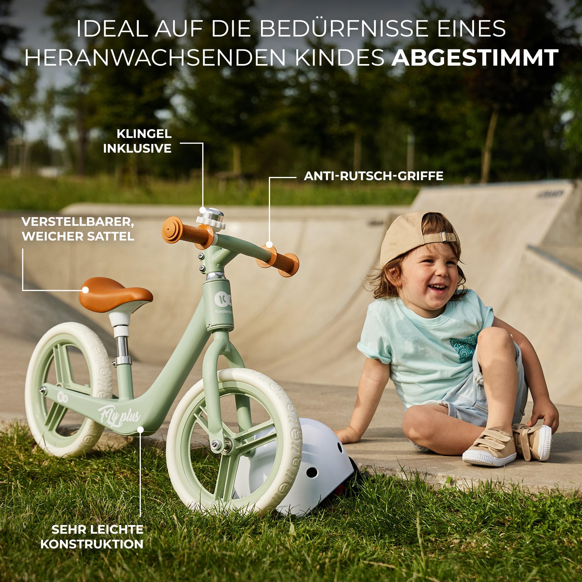 Kinderkraft Laufrad Fly Plus 2, Lernlaufrad, Kinderlaufrad, Fahrrad mit Zubehör, Klingel, höhenverstellbar Sattel, 12 Zoll Räder, Magnesiumrahme, ab 2 Jahre, Retro Design, Grün