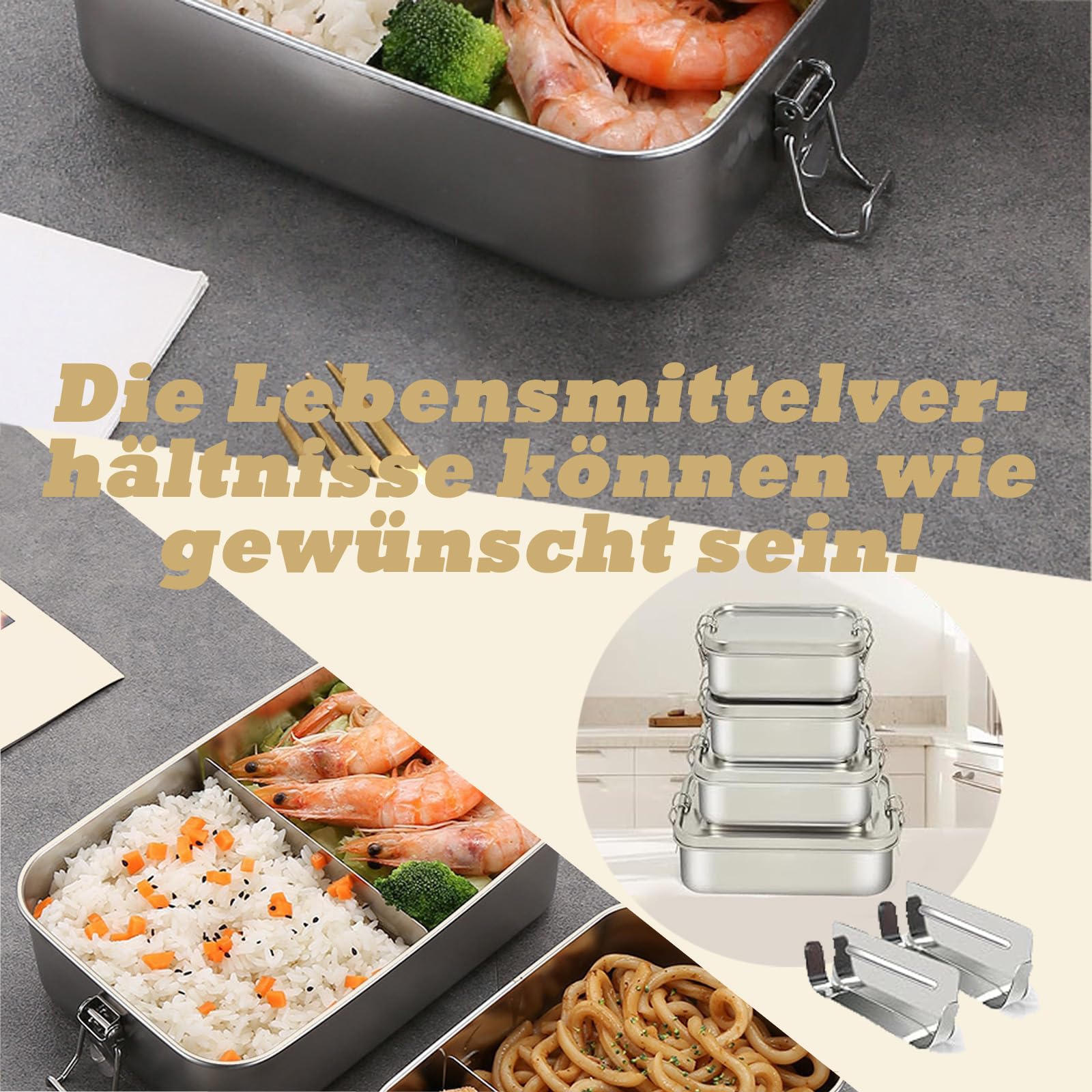 Zestaw 4 pudełek na lunch ze stali nierdzewnej 304, do sałatek i pozostałych posiłków, duże pudełko na lunch ze stali nierdzewnej (550 x 2/850/1400 ml)