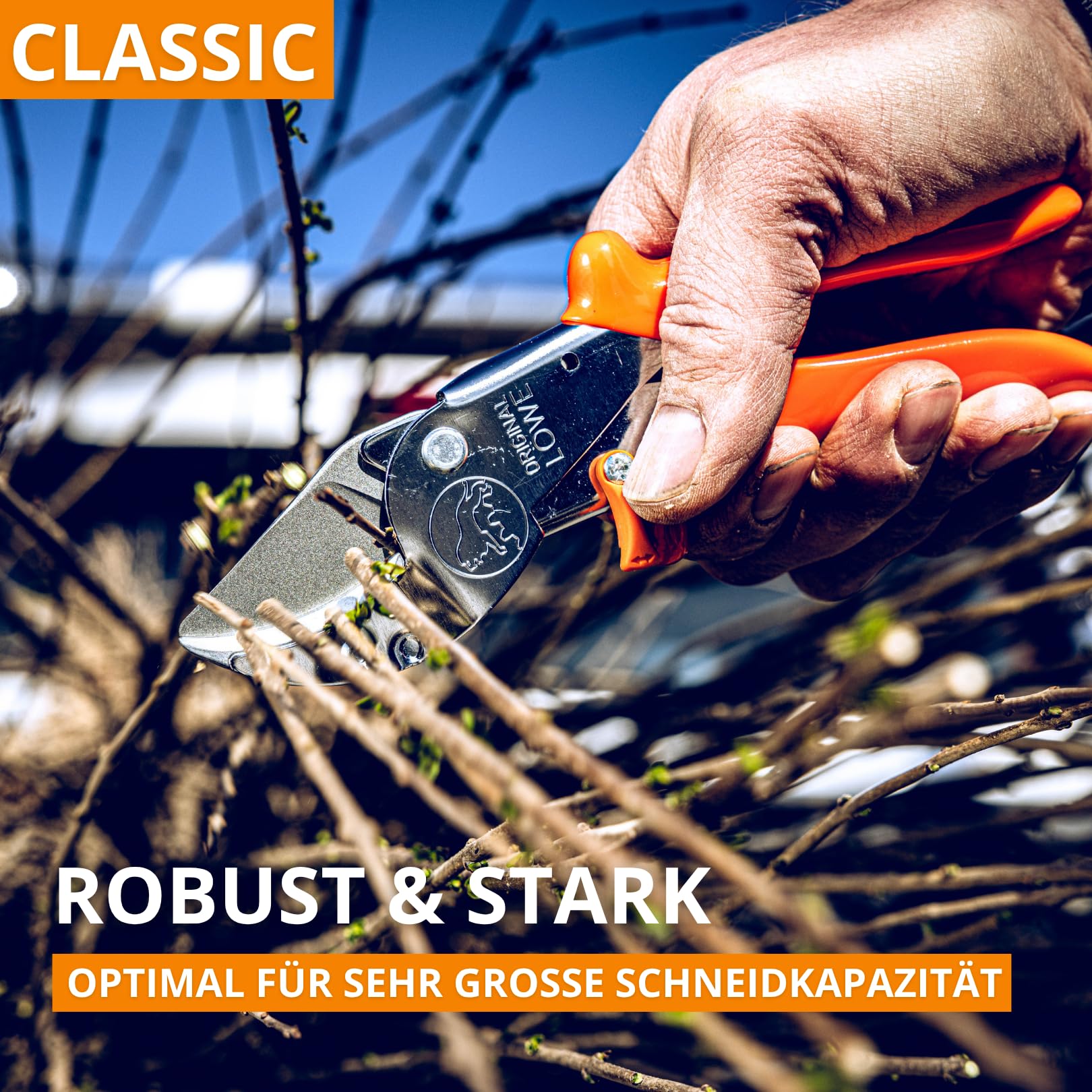 Original LÖWE 10 Profi Amboss Gartenschere 10.107 mit Bypass Geometrie - innovative scharfe Schere mit ergonomischen Griffen und Antihaftbeschichtung an Stahl-Klinge für Schneidarbeiten im Obstbau