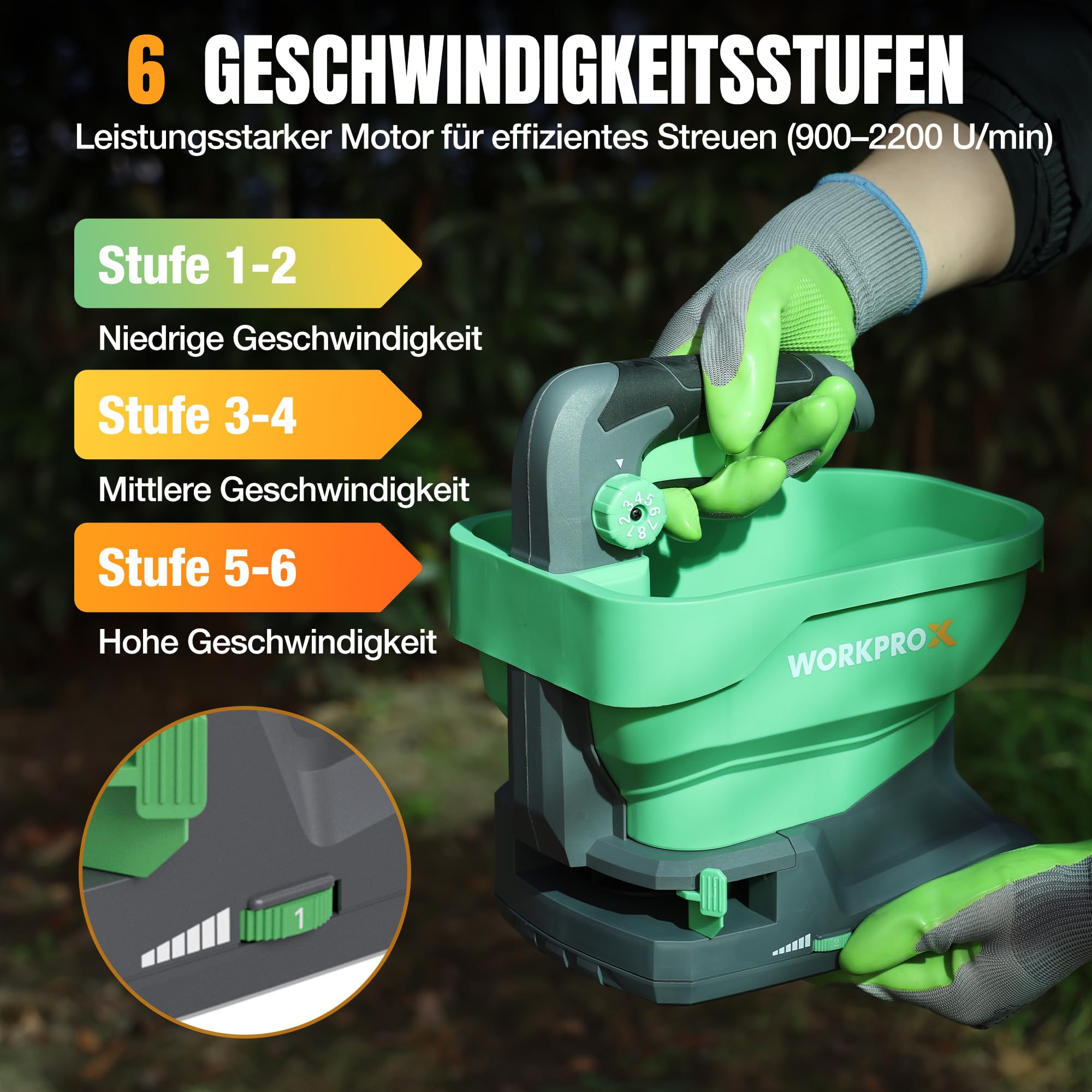 WORKPRO Akku Düngerstreuer 7,2V, Handstreuer für Rasendünger mit 2,5 L Behälter, 8-stufige Streumengenregelung, Streuwinkel bis 127°, deckt bis zu 600 m² Saatfläche, Kabellos & Tragbar