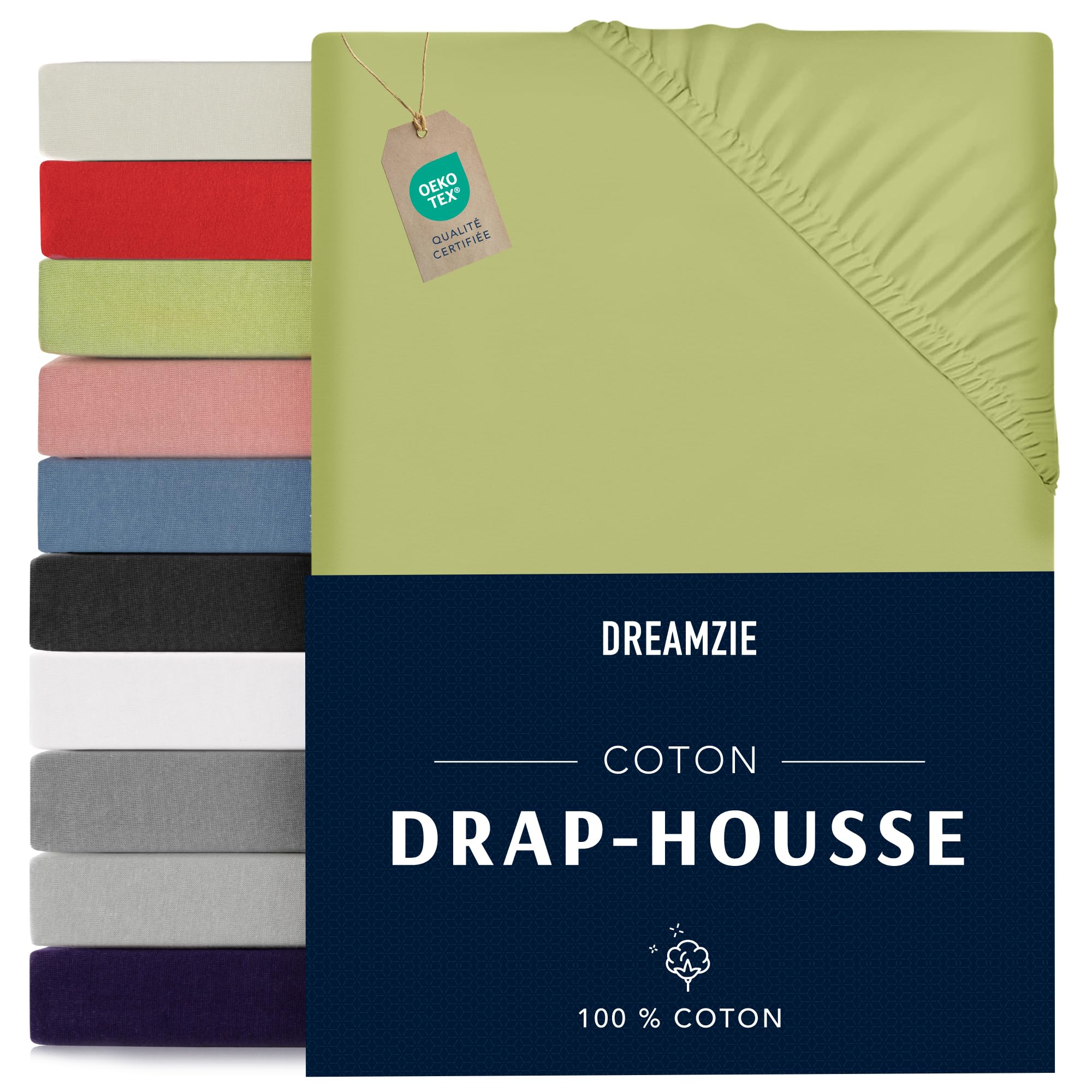 Jersey Cotton Fitted Sheets Green, For Mattress 90 x 200 x 22 cm, Certified Free of Chemical Products (OEKO TEX)