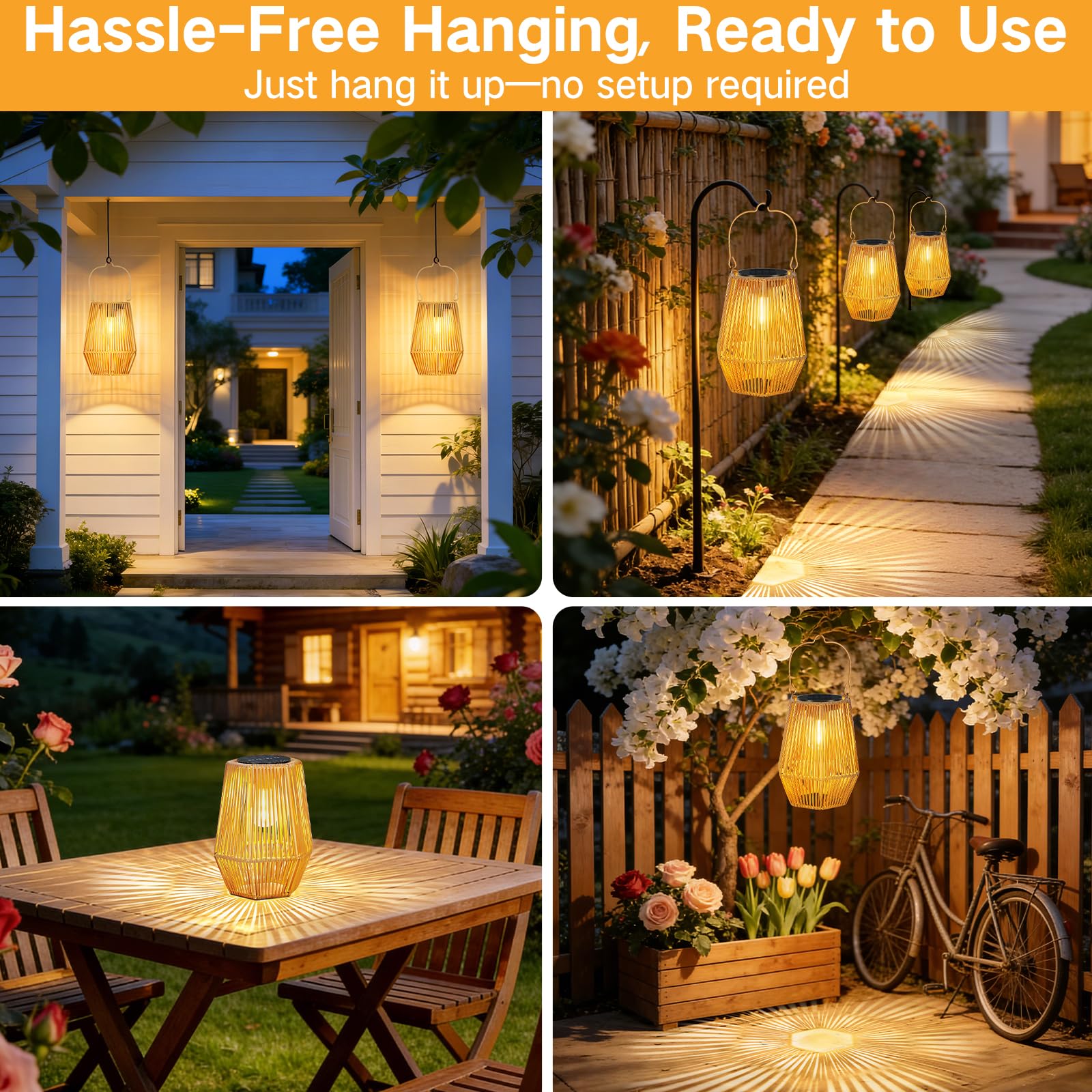 Set de 2 Faroles Solares Exterior, Colgantes o de Pie, Ratán con LED, Impermeables, Encendido/Apagado Automático, Artesanales y Decorativos para Jardín, Terraza, Balcón