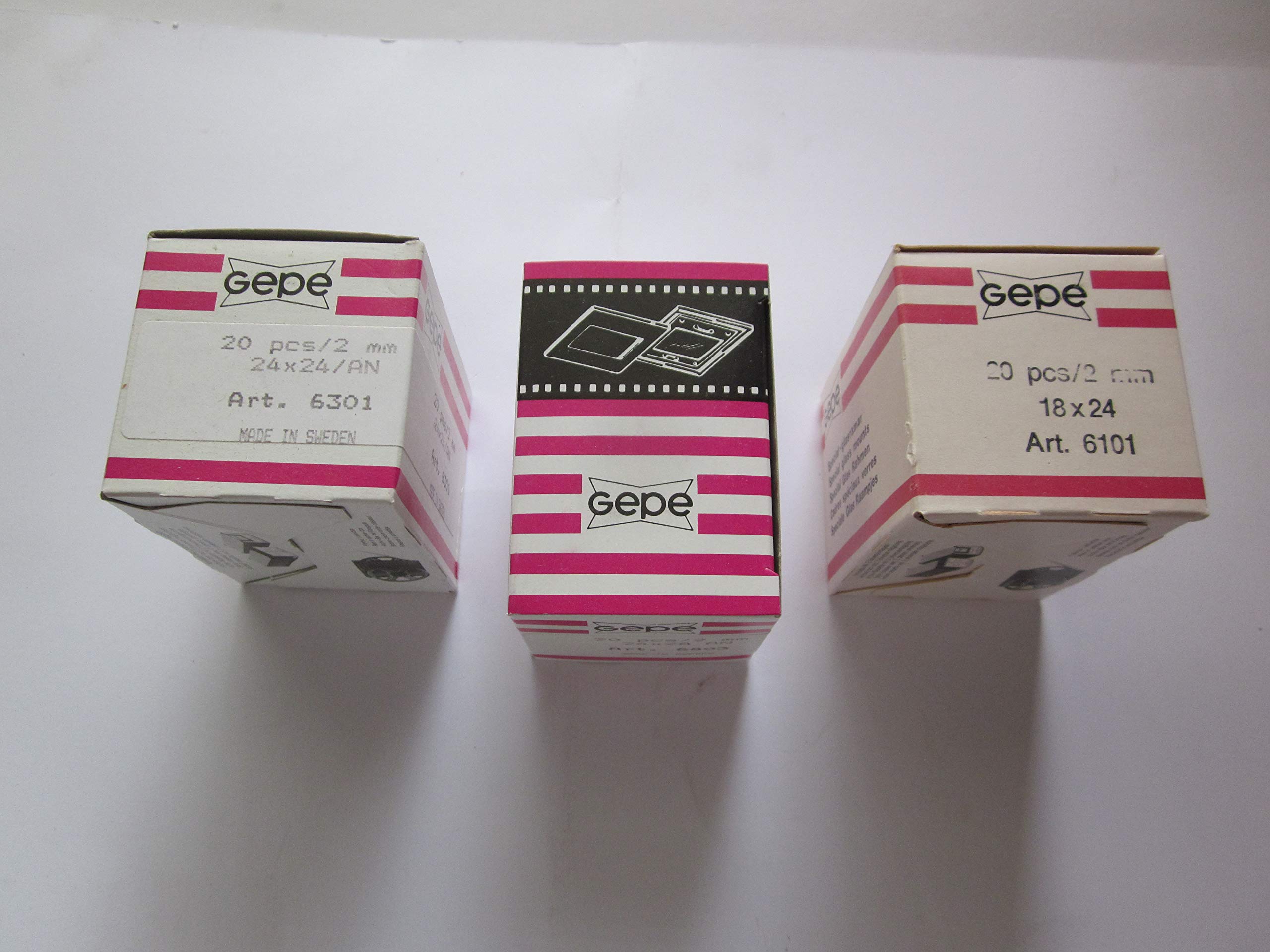 Gepe Glass Slide Mounts Set, 27 Boxes, 3 Sizes: 18 X 24 (#6101), 24 X 28 (#6803), 24 X 24 (#6301), Each Box Contains 20 Slides, Made in Sweden, Pink and White Striped, Educational/Scientific