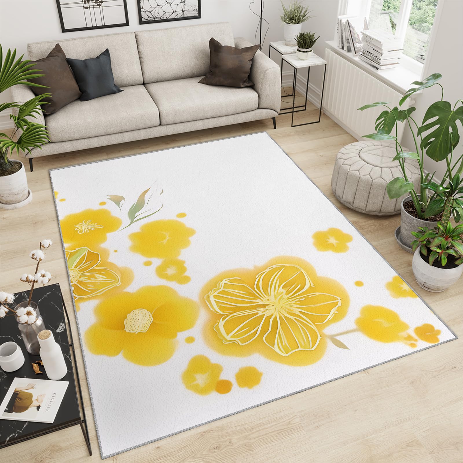 QDJKBL Area Rug 100 X 150 Cm Yellow Chrysanthemum Flowers Floral, Simple and Cute Plant Children'S Carpet Rugs for Bedroom, Non-Slip Carpet Easy Cleaning for Dining Room