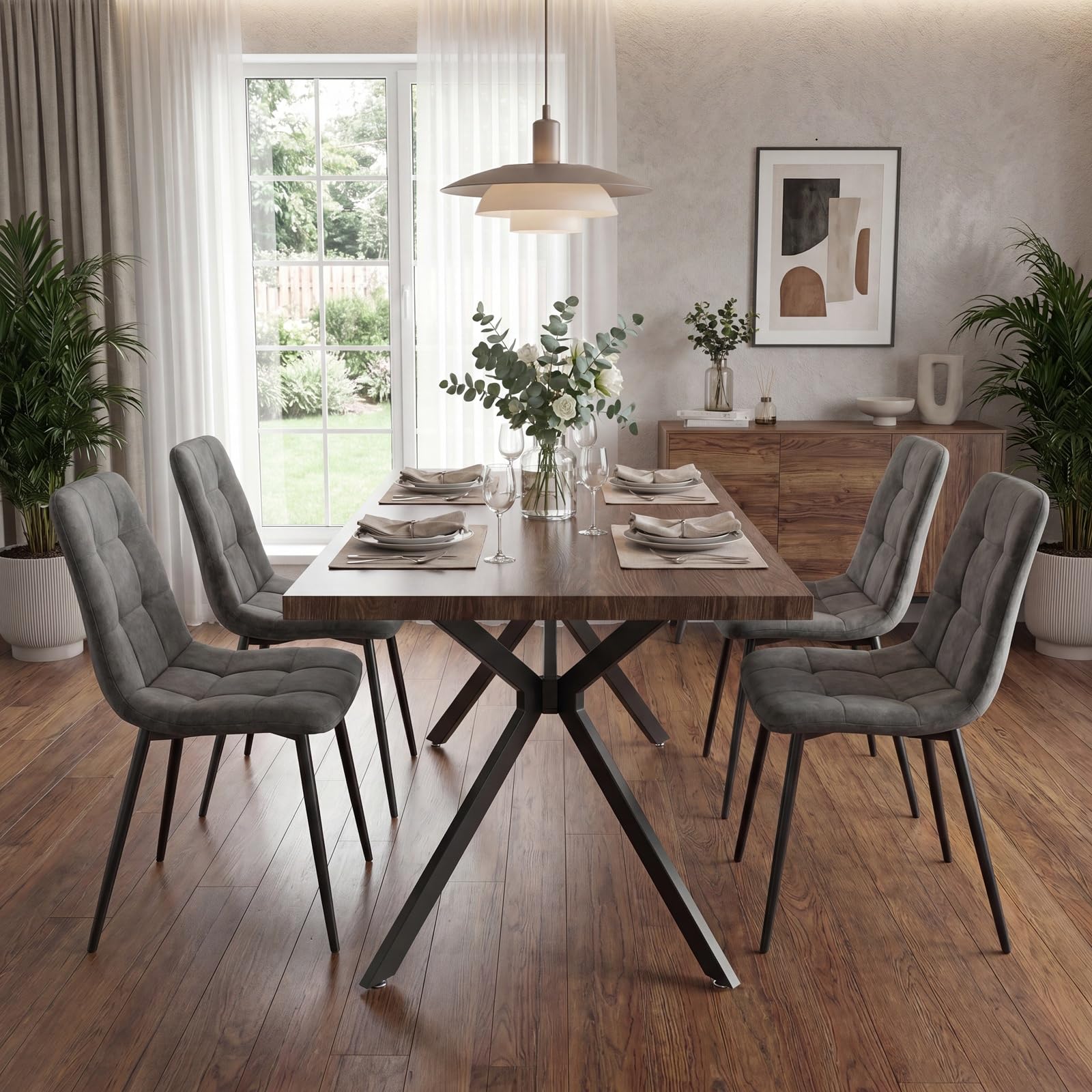 Essgruppen Esstisch mit 4 dunkelgrau Stühlen,140 x 80 x 76 cm Dunkelbraun Rechteckig Esstisch aus Holz mit Esszimmerstühle mit technisches Tuch,für Küche Esszimmer und Wohnzimmer
