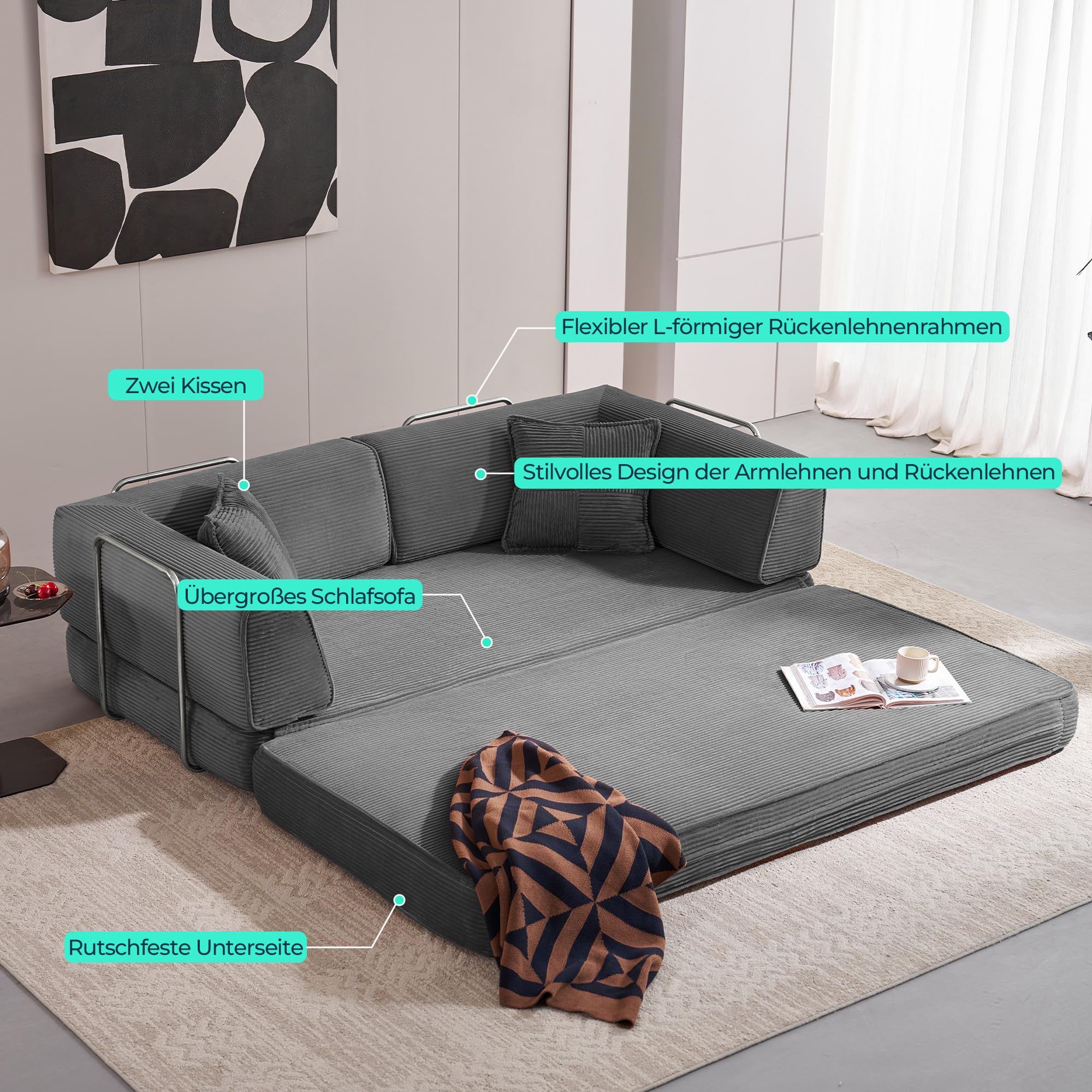 LINSY HOME Schlafsofa - Bodensofa Bed mit Pillow Back Support Armrest - Schlafsofa Klappbar 200 cm Breit- Compressed Sofa in Box - Cord Stoff für Wohnzimmer Schlafzimmer - Grau