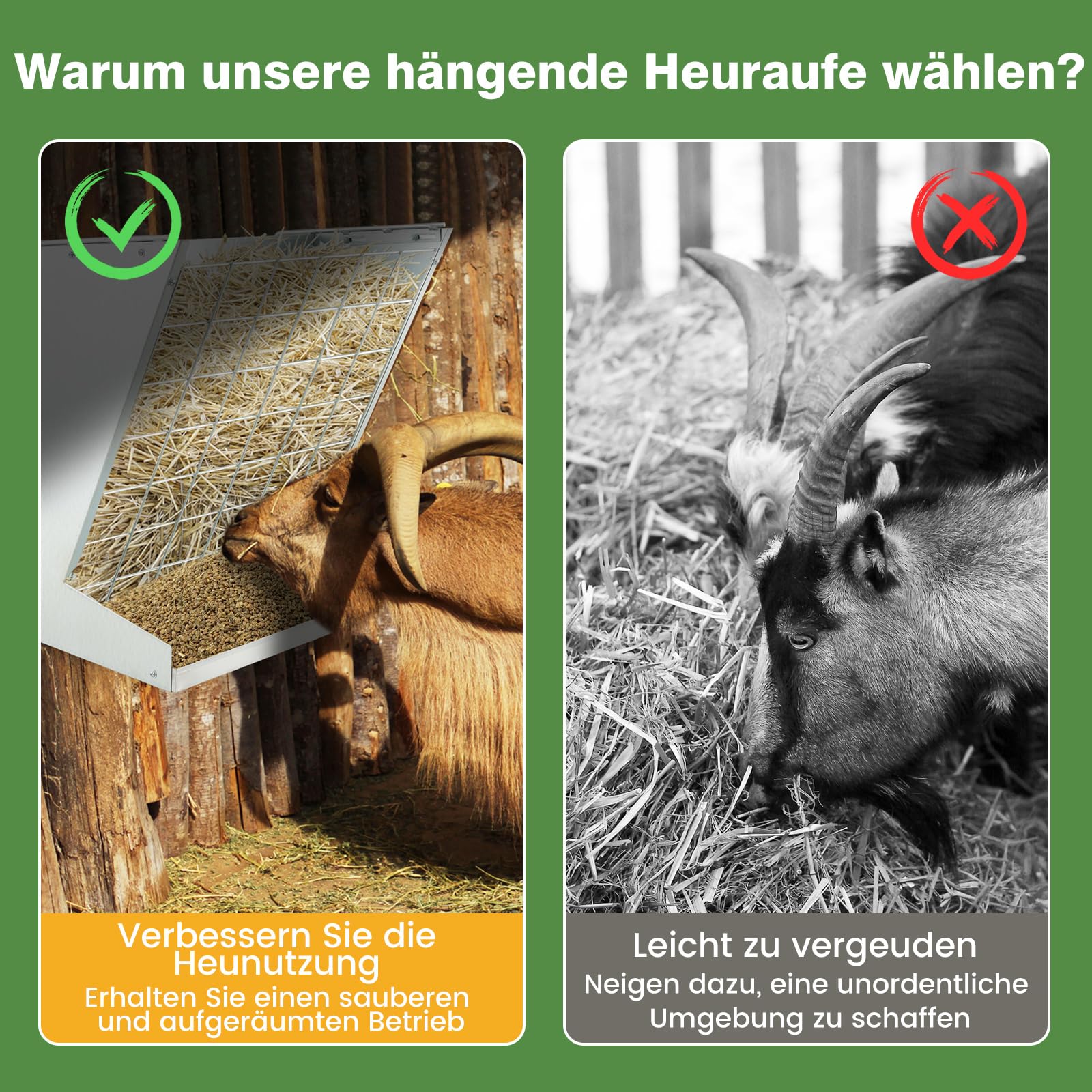 GYMAX Hängende Futterraufe 109L, Heuraufe für Heu & Getreide, Futterspender mit Futterspargitter & verstellbaren Haken, Futterstation für Ziegen, Schafe & Pferde, 71 x 32,5 x 68 cm