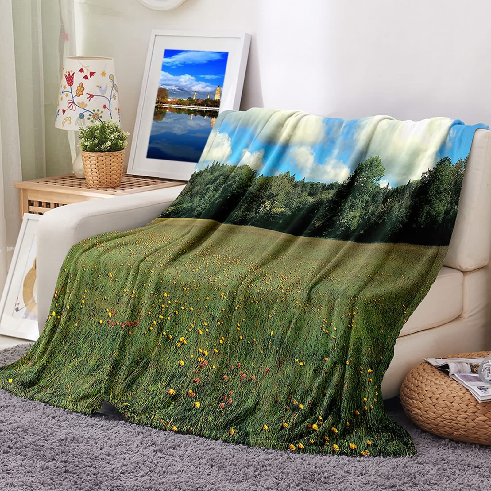 Couverture pour le canapé plaid imprimé prairie verte KnSam flanelle