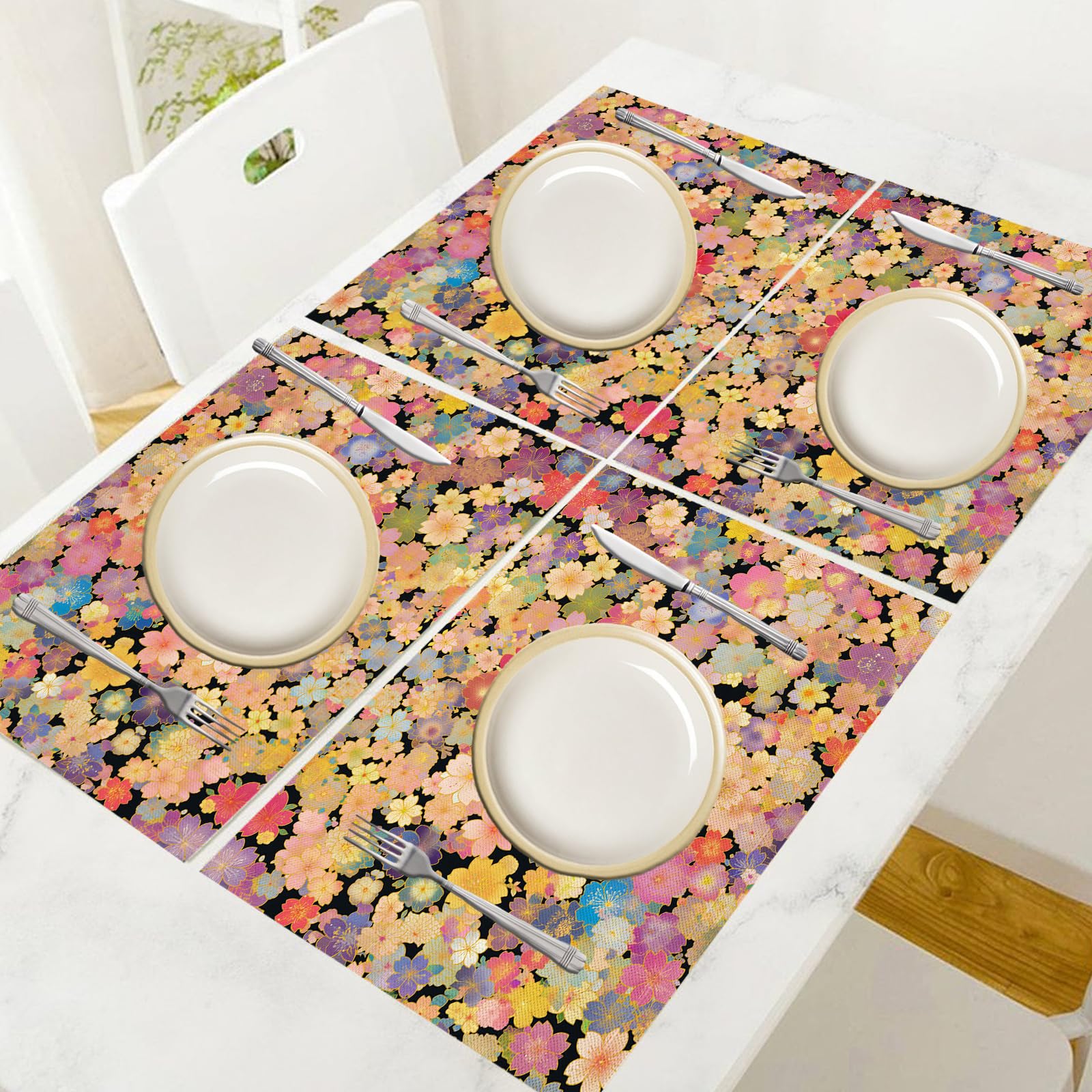 Set de Table Dessin animé - 8 Pièces Tapis de Table Petit Motif Floral en Coton et Lin 45×30cm Lavable Placemats Rectangulaire pour Salle à Manger, Salon