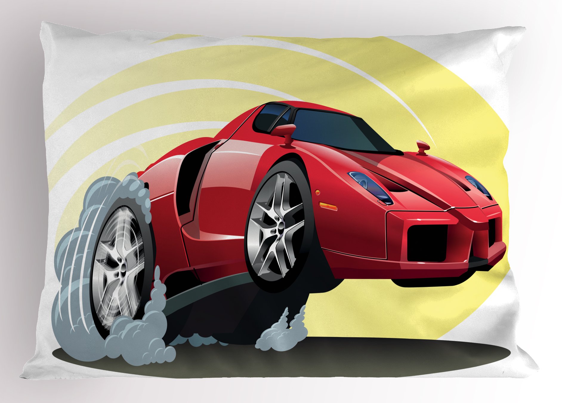 Ambesonne Cars Pillow Sham, Powerful Cartoon Red Car Speeding Jumping with Smoke Coming Out of Giant Tires, Decorative Standard King Size Printed Pillowcase, 36