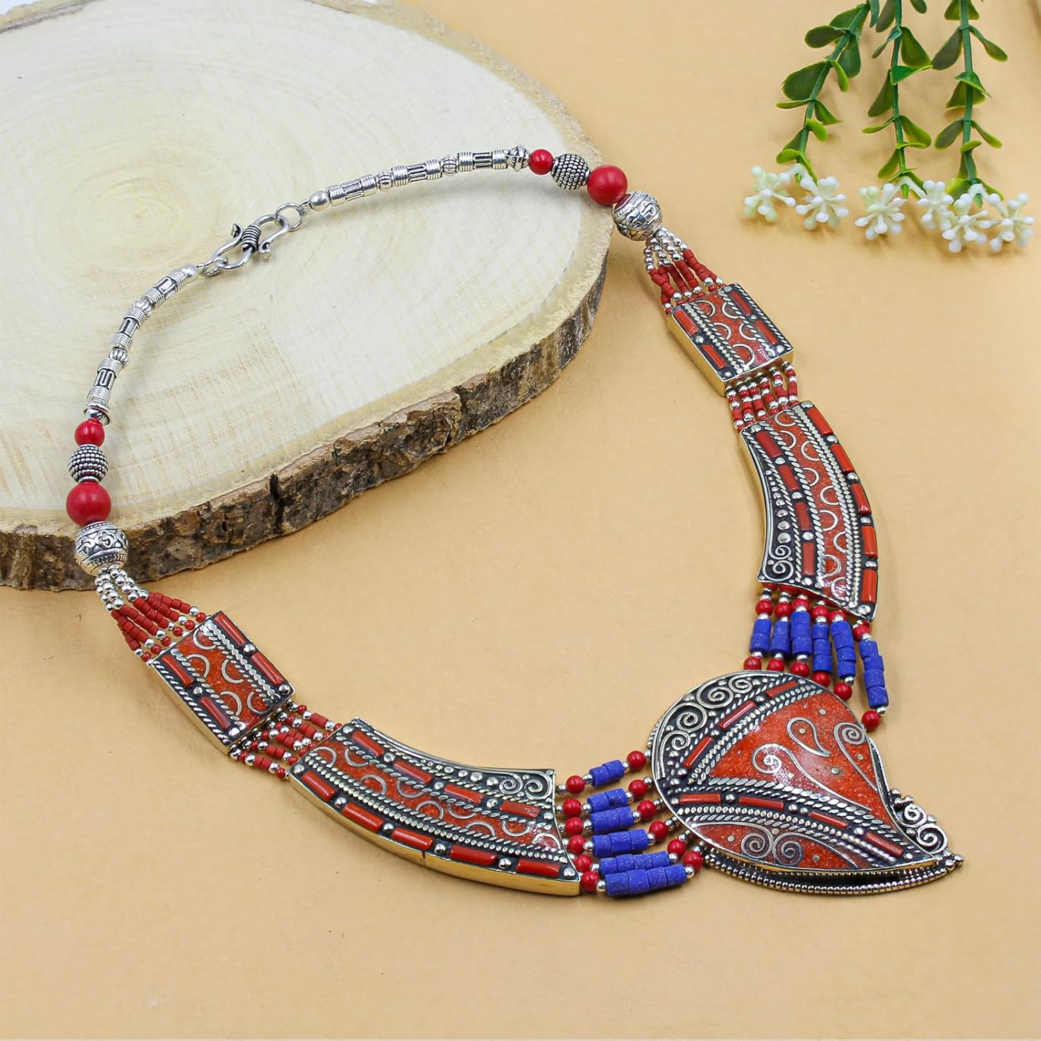 Tibetan Silver Festival Coral Lapis Lazuli Collar Necklace for Women Chunky Bohemian Statement Choker Tribal Ethnic Jewelry