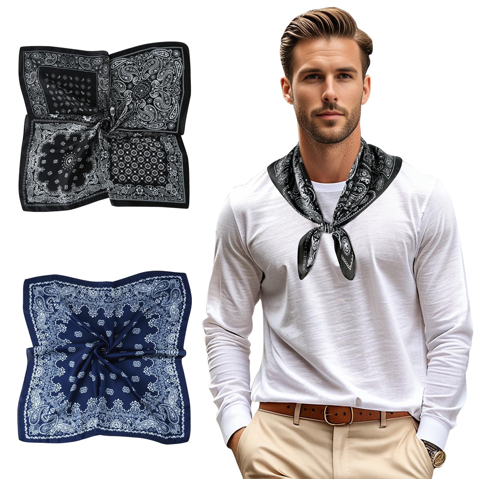 GERINLY Mens Silk Feel Scarf 2 Pack, 27 Inch Neckerchief Ascot, Novelty Head Bandana Wrap