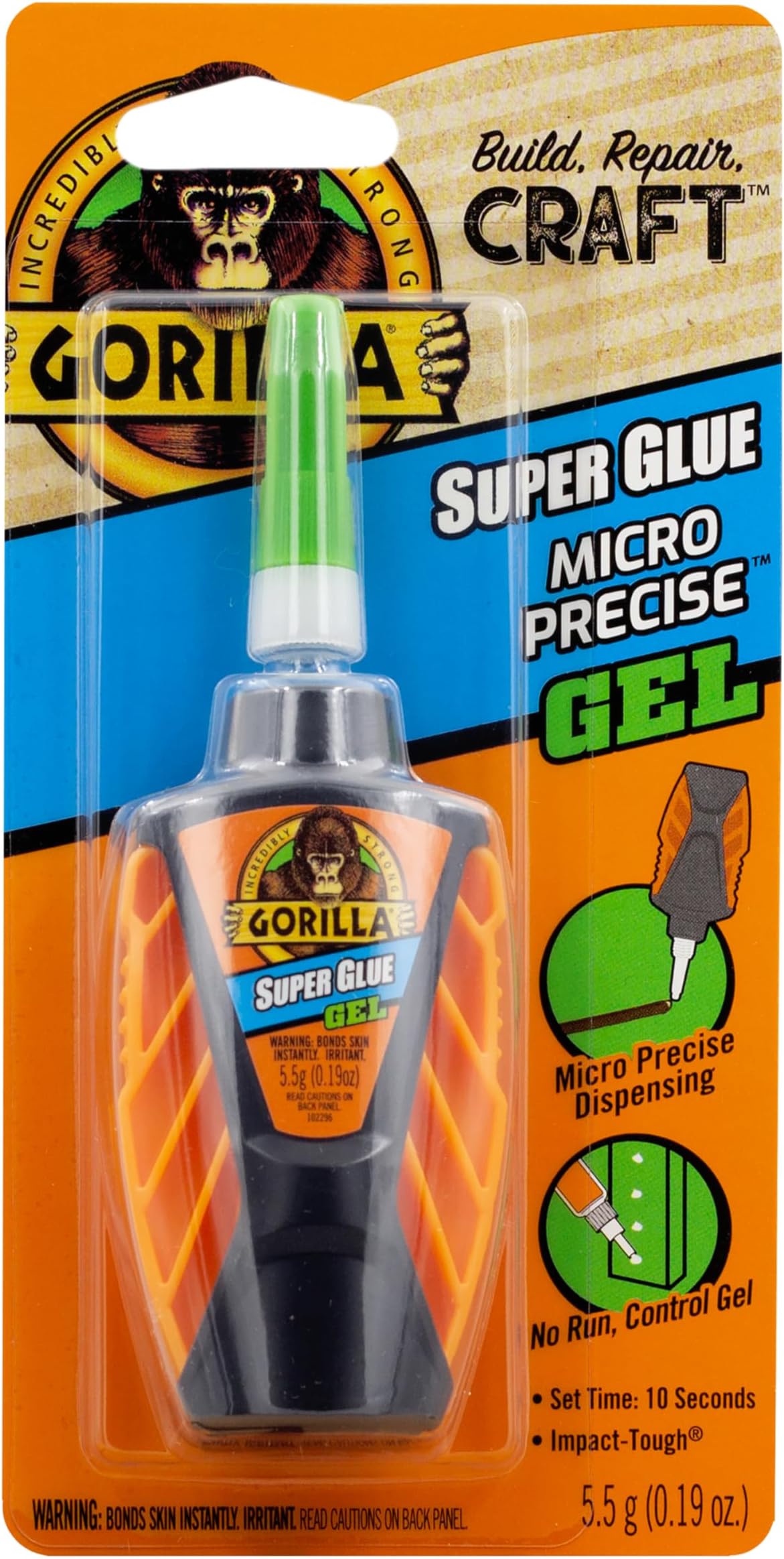 Gorilla Micro Precise Super Glue Gel, Cyanoacrylate Glue, Fast Setting, Precise Dispensing Tool, Anti-Clog Cap, Clear, 5.5g, (Pack of 1)