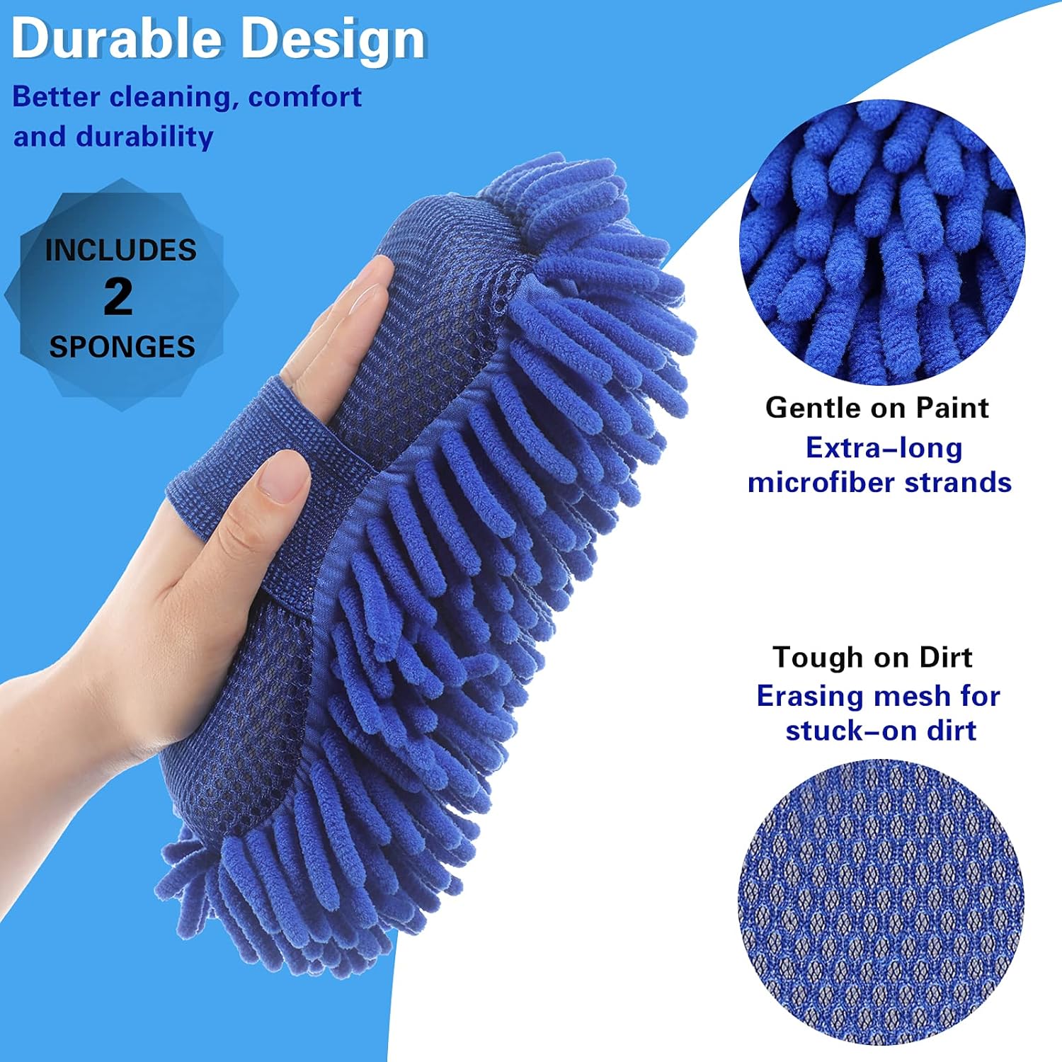 Tavaleu Car Wash Sponge - 2 Pack Car Wash Mitt, Non-Scratch Car Sponges for Washing, Premium Microfiber Sponge for Car Washing, Automobile Cleaning Sponges Essential Part of Any Car Wash Kit : Automotive