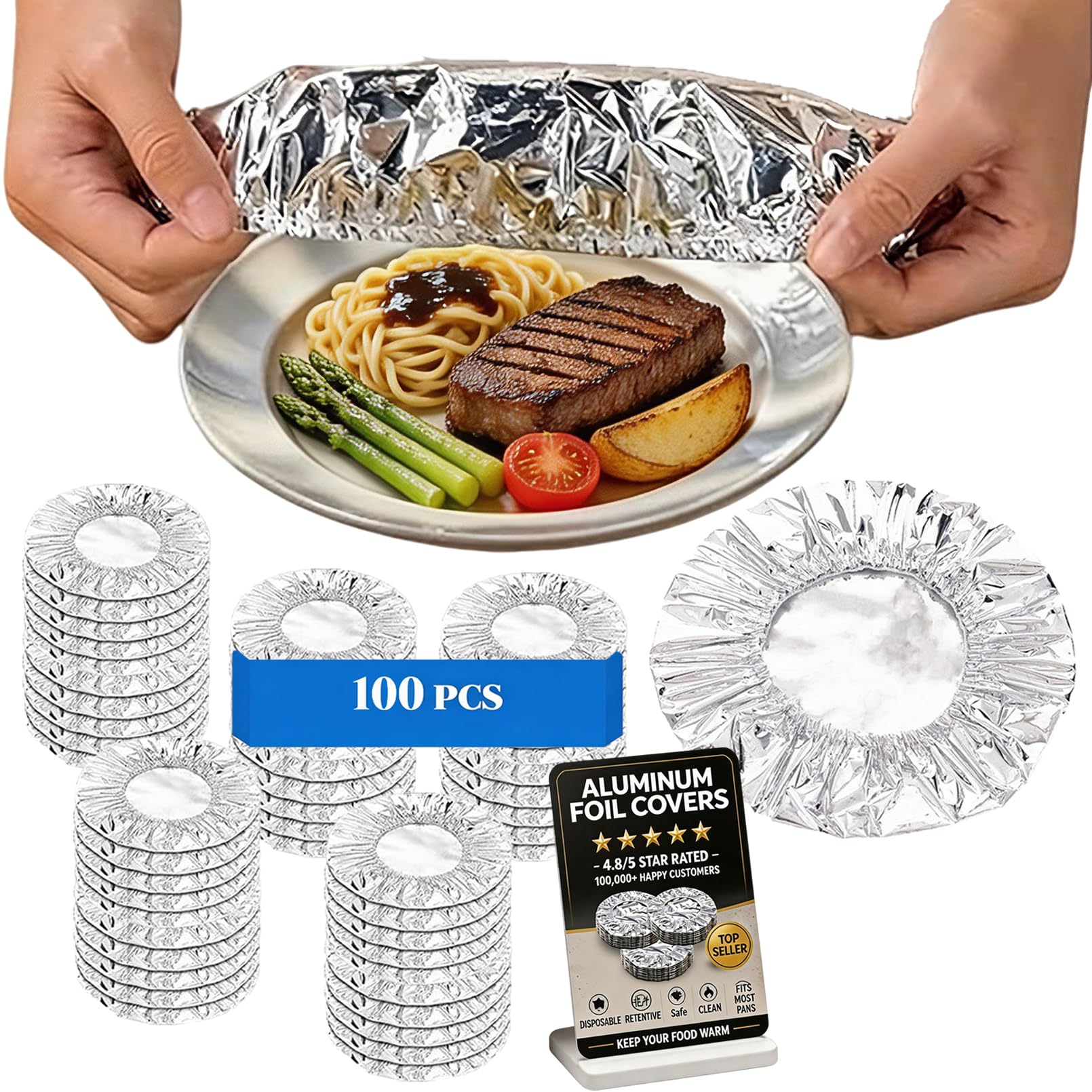 Reusable Aluminum Foil Food Covers, Elastic Insulated Foil Food Covers, Aluminum Covers with Elastic for Food, Heat Retaining for Kitchen, Parties & Picnics (100Pcs)