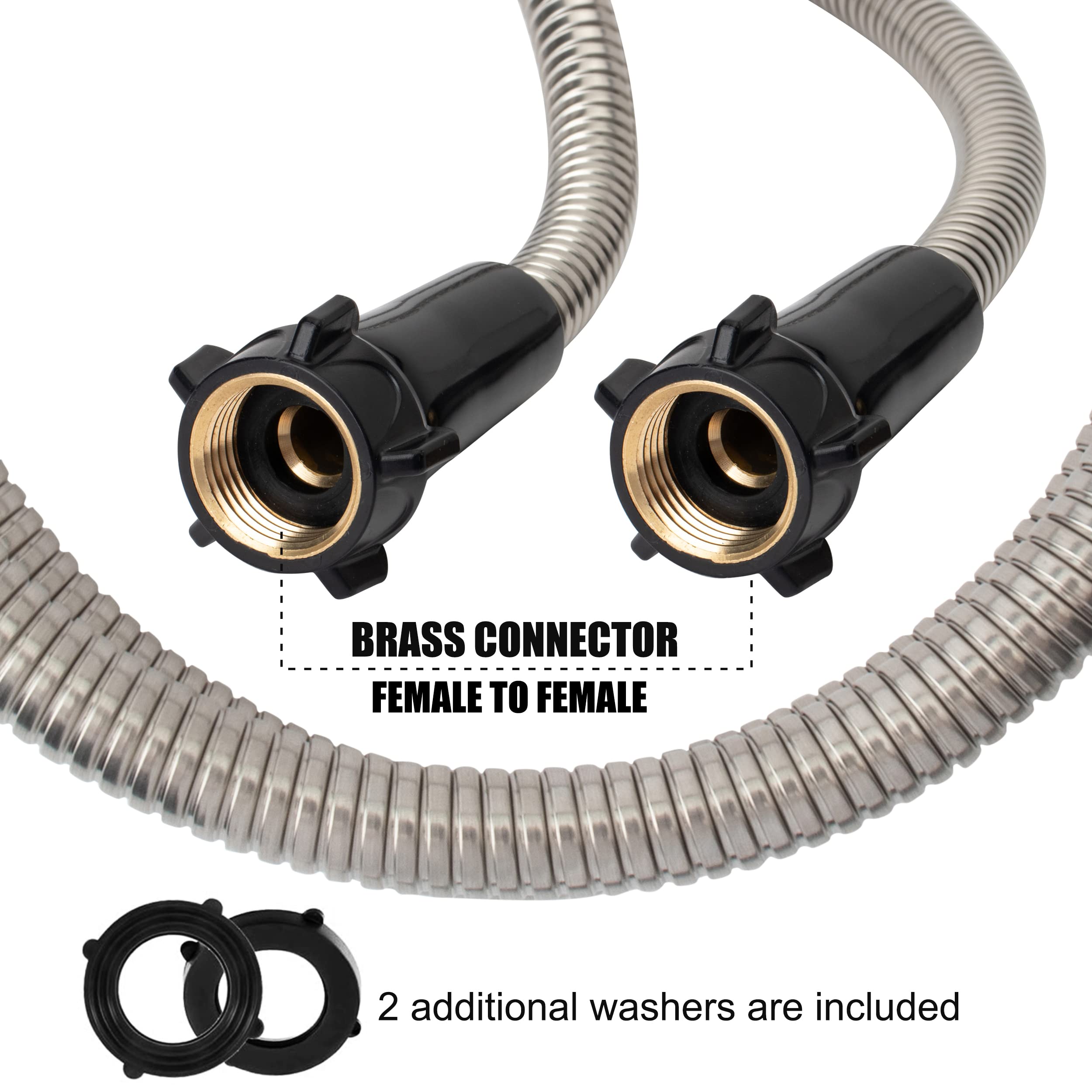 Yanwoo 304 roestvrij staal 5 voet korte tuinslang met vrouwelijke naar vrouwelijke connector, waterslang, metalen slang, zware buitenslang (1,5 m