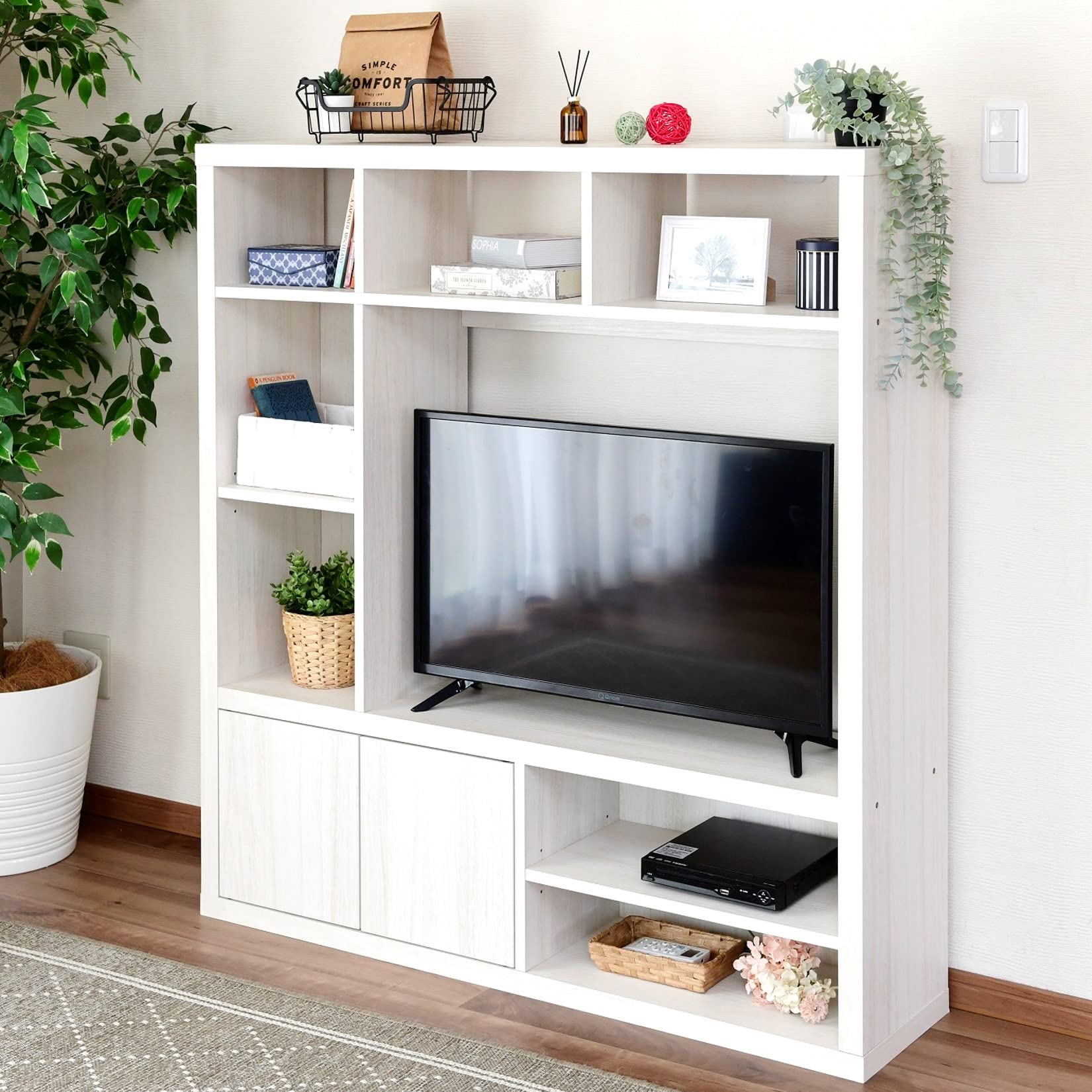 Amazon｜[山善] テレビ台 32型 ハイタイプ テレビボード 扉付き収納 