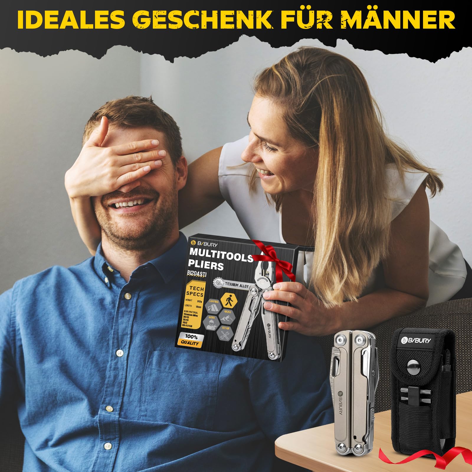 BIBURY Multitool Titan & Damast Messer - Multifunktionswerkzeug mit Zange, Schere, austauschbarer Säge & Bits - Profi EDC Taschenmesser Geschenke für Männer, Reparieren, Camping Zubehör BI2049TI