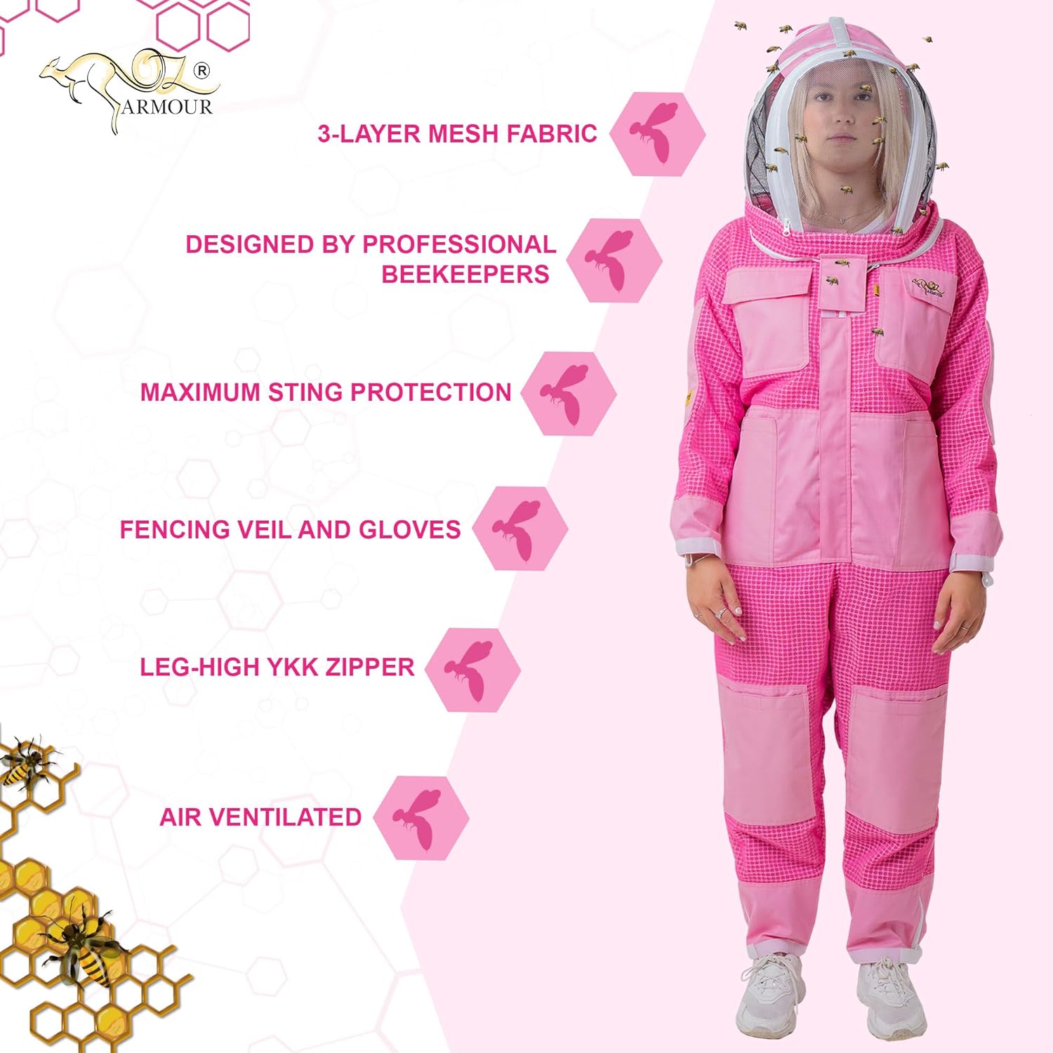 Pink Beekeeping Suit for Women - Three Layers Ventilated Protective Outfit with Air Mesh with Fencing Veil & Gloves (XXS)