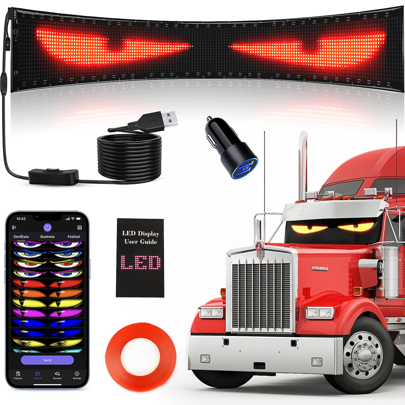 Rayhome 58''x8'' Large Multiple LED Eyes for Truck Windshield, Full Color Devil Eyes Light, Programmable LED Display for Truck, Scrolling Car Eyes