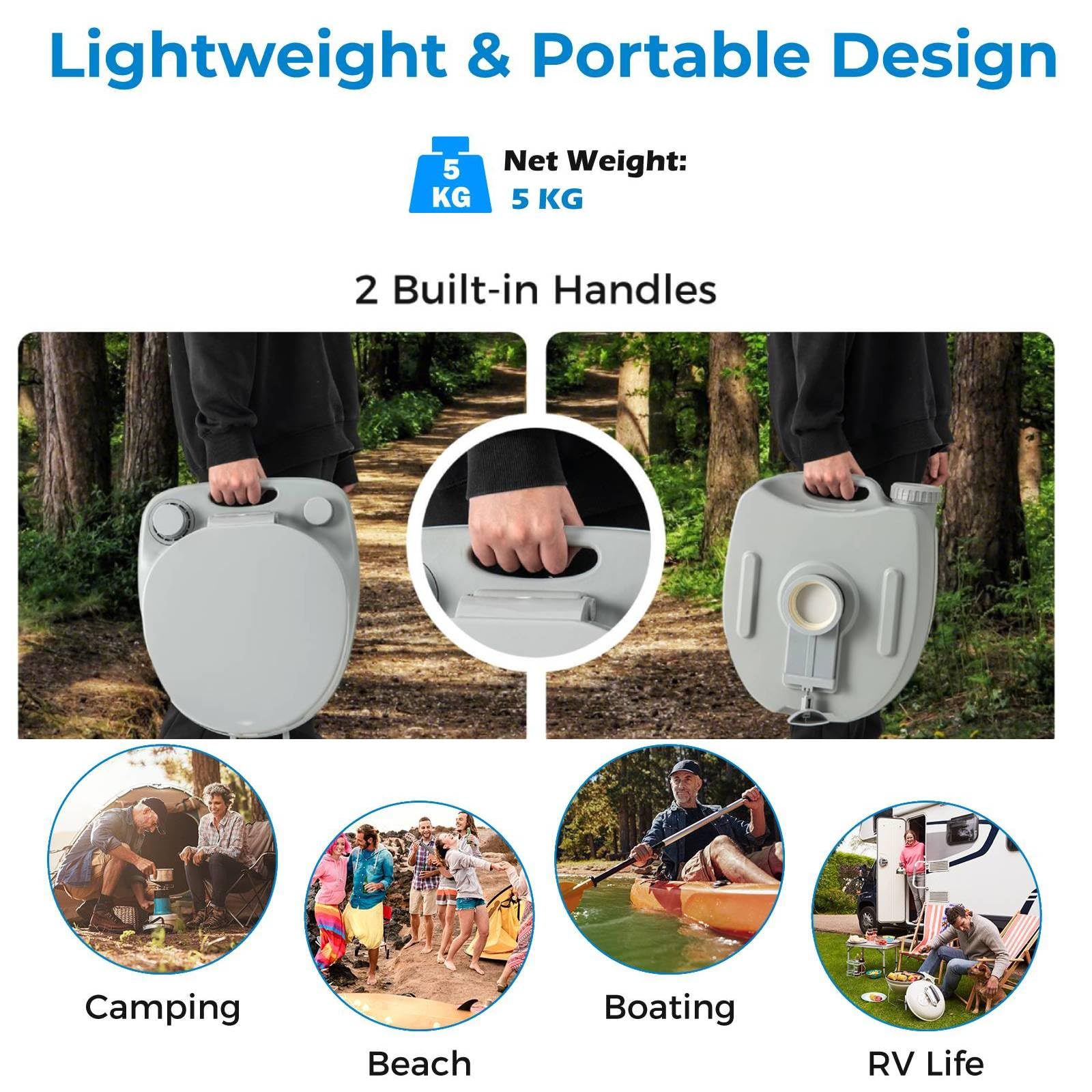 SPOTRAVEL Inodoro portátil de camping de 20 L, inodoro de descarga al aire libre con tanque de residuos, bomba de descarga y asas, inodoro compacto de emergencia para caravana, viajes, senderismo