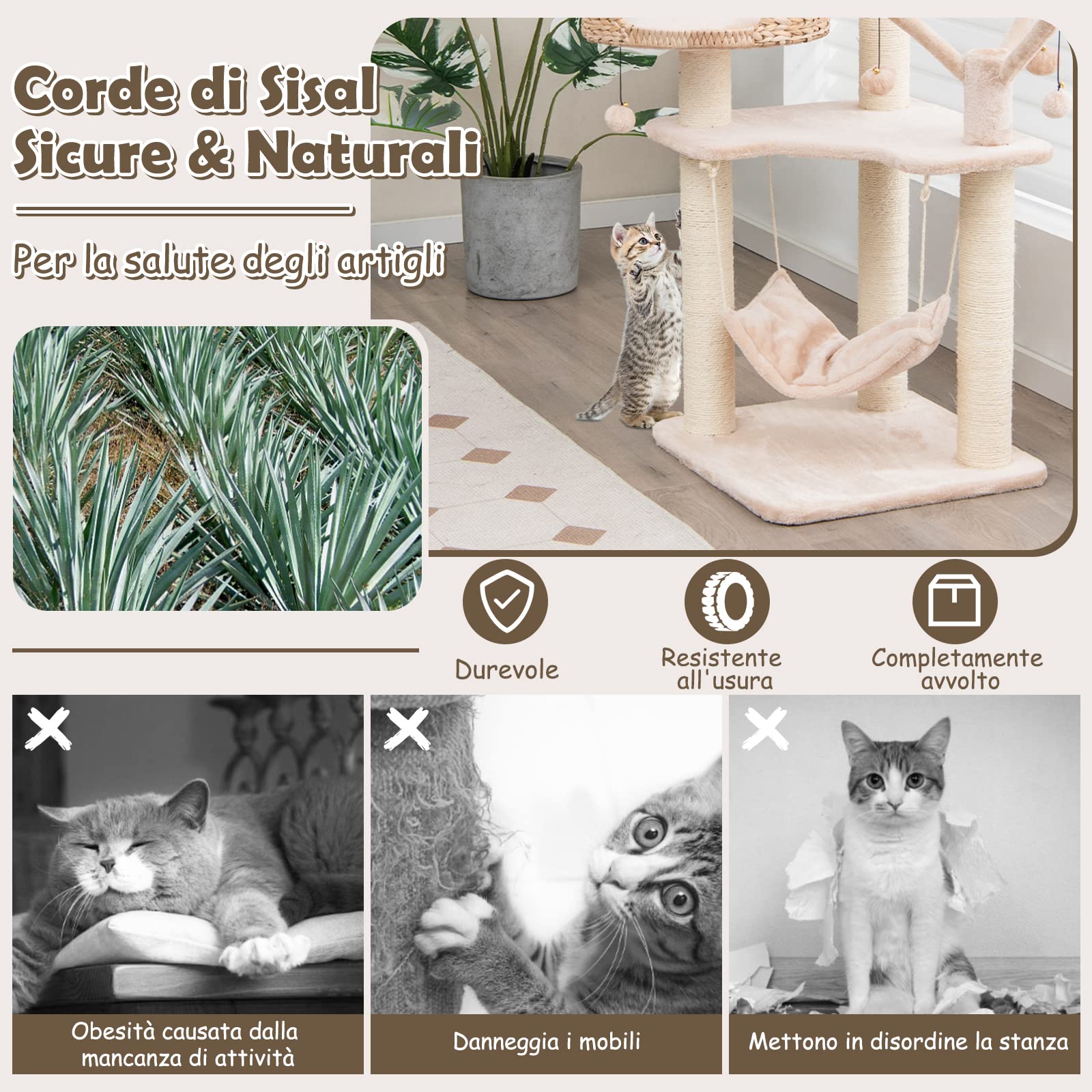 COSTWAY Tiragraffi per Gatti Adulti, Albero Tiragraffi con Cuccia, Piattaforma, Cuscini e Tiragraffi, Torre per Animali Domestici in Legno, 49,5 x 49,5 x 121 cm