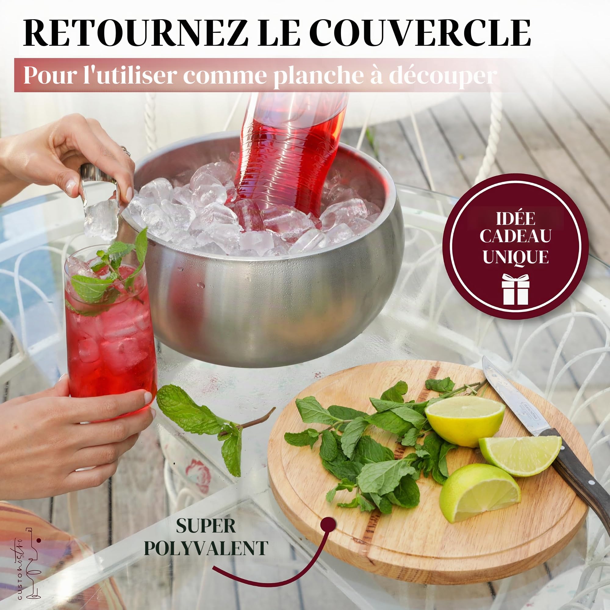 Gusto Nostro Seau A Glace Isotherme, Avec Couvercle et Pince, Double Paroi en Acier Inoxydable, Sans BPA, Pour Bar à Cocktails, Seau A Champagne, Vin, Bière pour les Fêtes