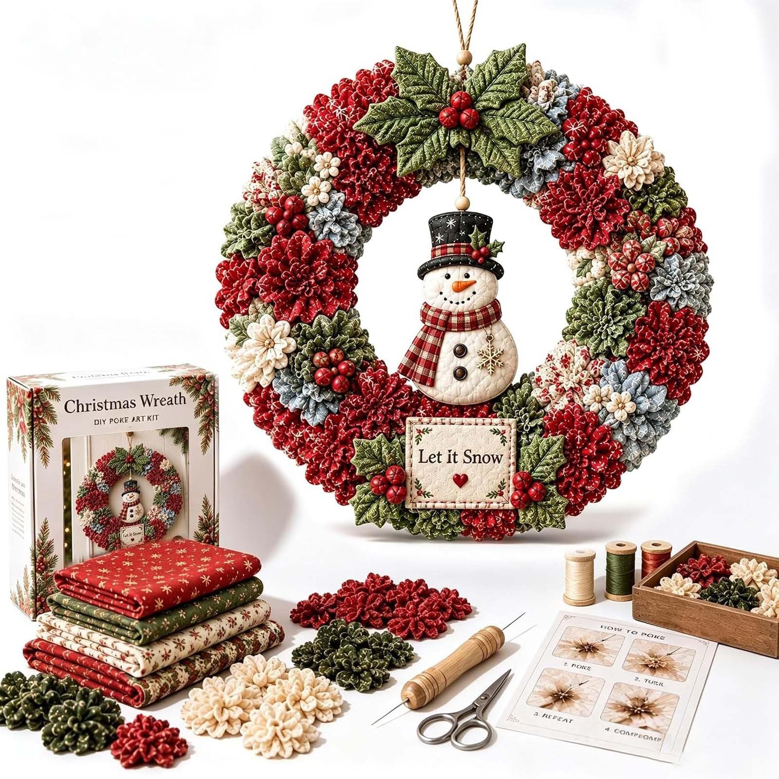 3D Fabric Poke Wreath DIY Kit, Christmas Wreath Making Kit for Adults, No-Sew Santa Hand-Craft Decor, Xmas Craft Supplies for Front Door, Wall & Window, Home Handmade Ornament