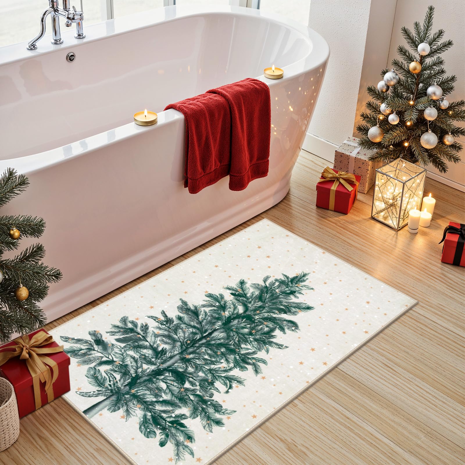 Lahome Christmas Bathroom Rug 2x3 Small Washable Beige Kitchen Rug, Non-Slip Front Door Rugs Indoor Mat Throw Soft,Christmas Tree Print Snowflake Holiday Decor Doormat for Entryway Sink Bedr