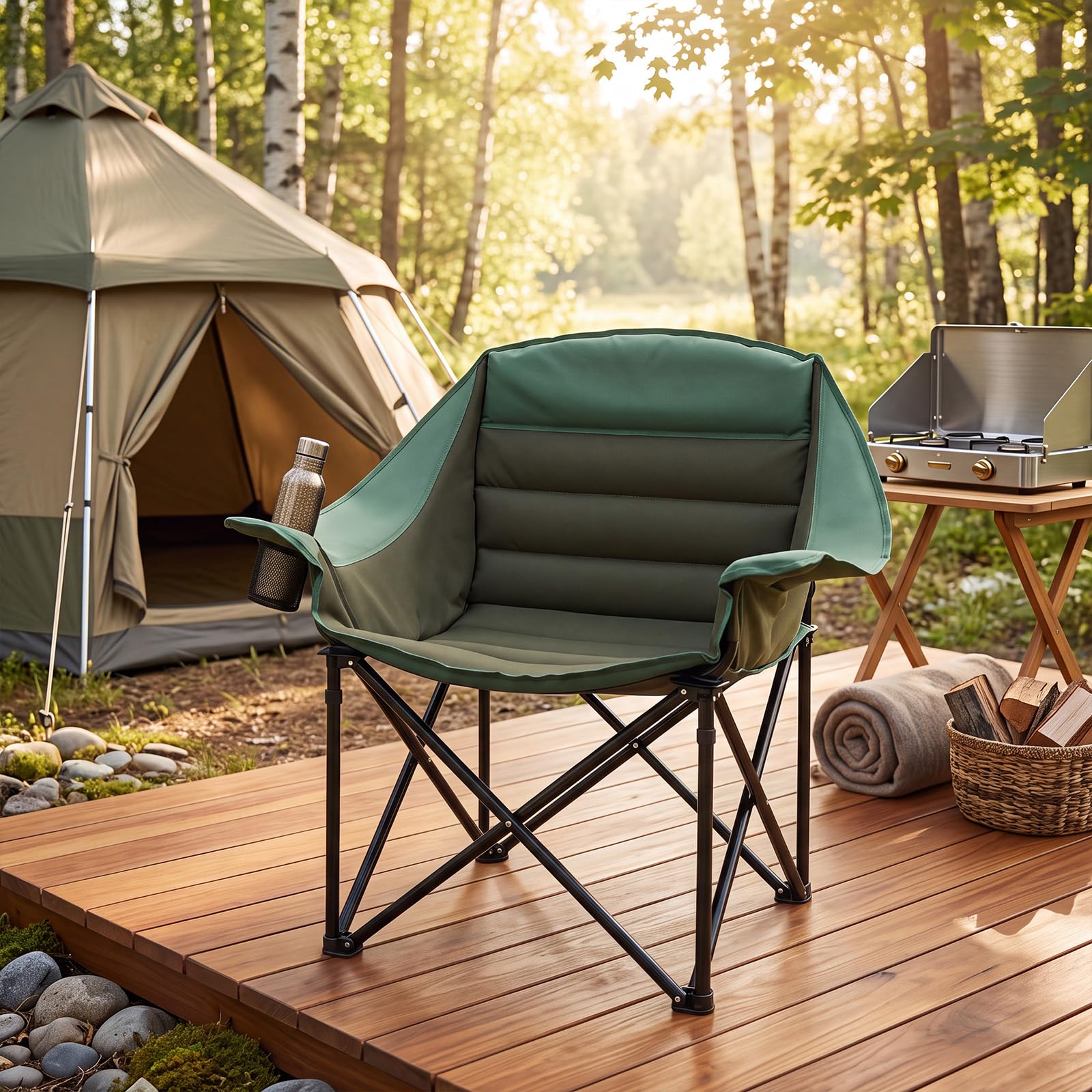 GOPLUS Chaise de Camping Pliante, pour Plage/Pêche/Randonnée | Fauteuil de Peche Surdimensionné Portable avec Porte-Gobelets, Poche en Maille et Sac de Transport pour Pêche Jardin Plage