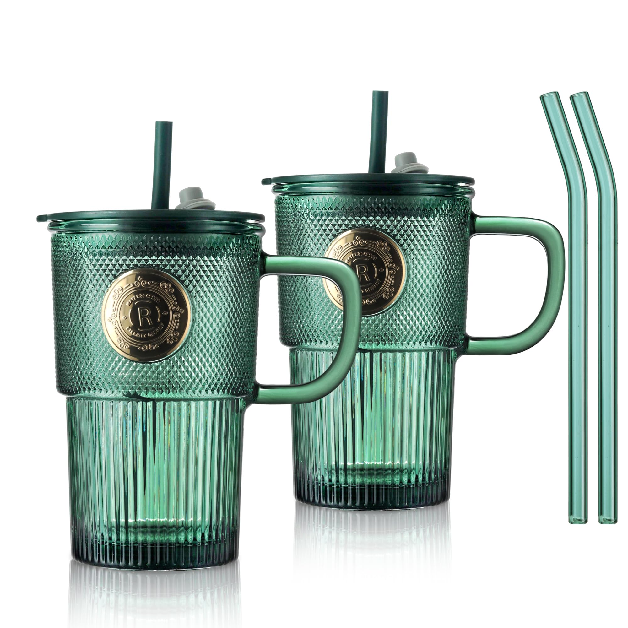 Joeyan 430ml Green Glass Tumbler with Straws and Lids, Glass Mug Iced Coffee Cup with Handle Set of 2