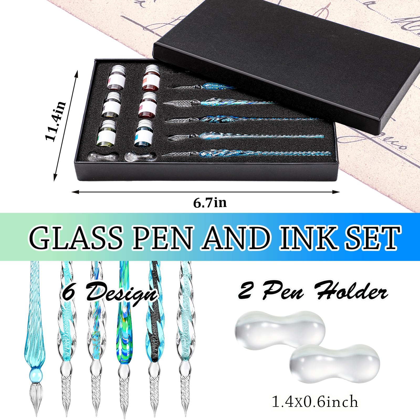 Zonon Set di 14 penne a immersione in vetro, include 6 penne a immersione in vetro, 6 inchiostri colorati India e 2 supporti per calligrafia con cristalli per arte, scrittura, regalo (sistema di