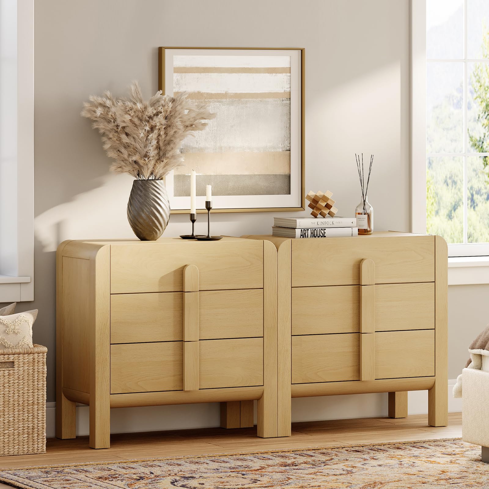 WAMPAT 6 Drawer Dresser for Bedroom, 2 in 1 63" Wide Mid Century Modern Wide Chest of Drawer, Wood Tall Nightstand with Curved Edge Handles, Closet Dresser TV Stand for Bedroom, Oak