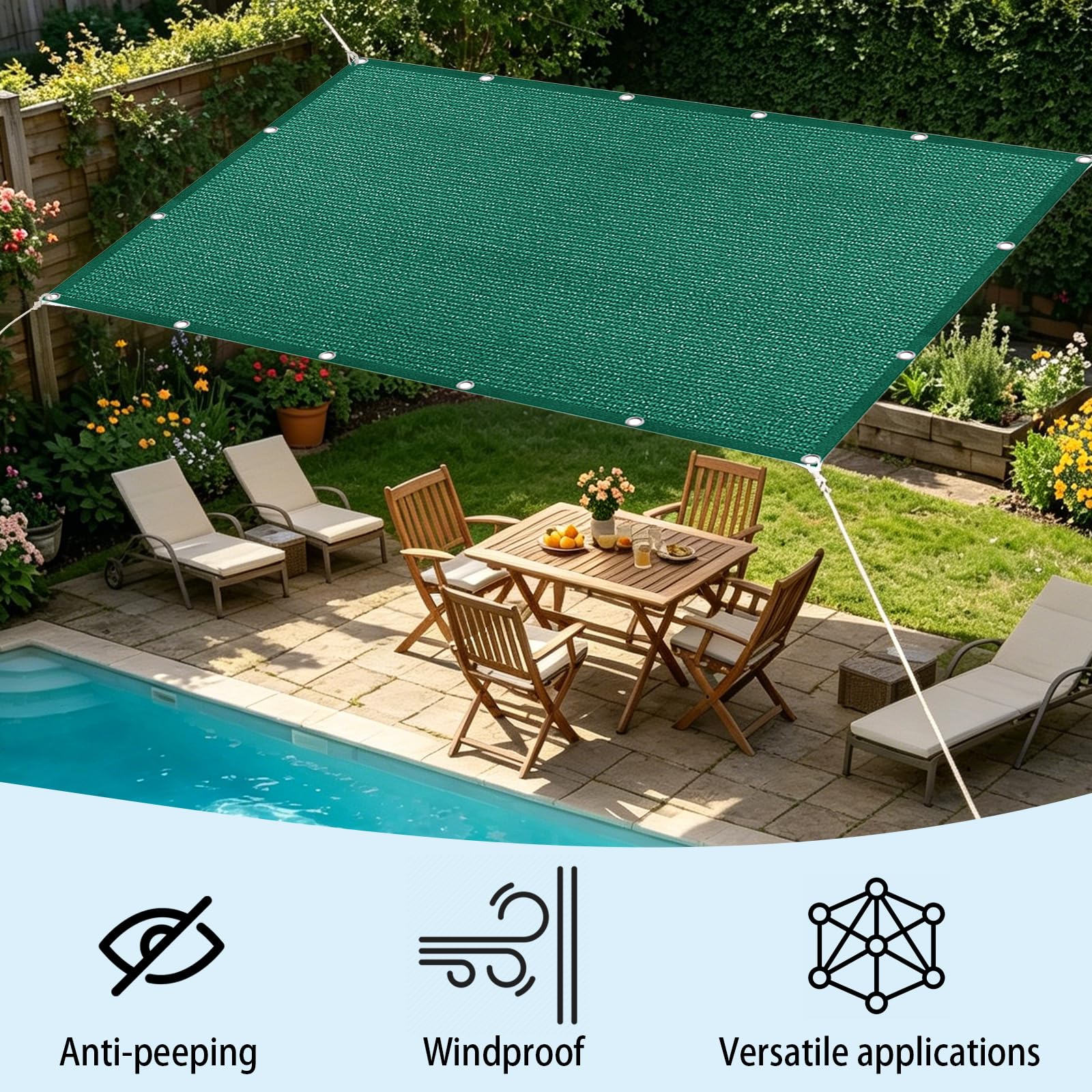 Vela Ombreggiante 5.5 x 6.5 m in Tessuto Hdpe, Permeabile All'Aria e All'Acqua, Telo Ombreggiante Occhiellato Traspirante Tenda da Sole per Giardino Pergola, Verde Scuro