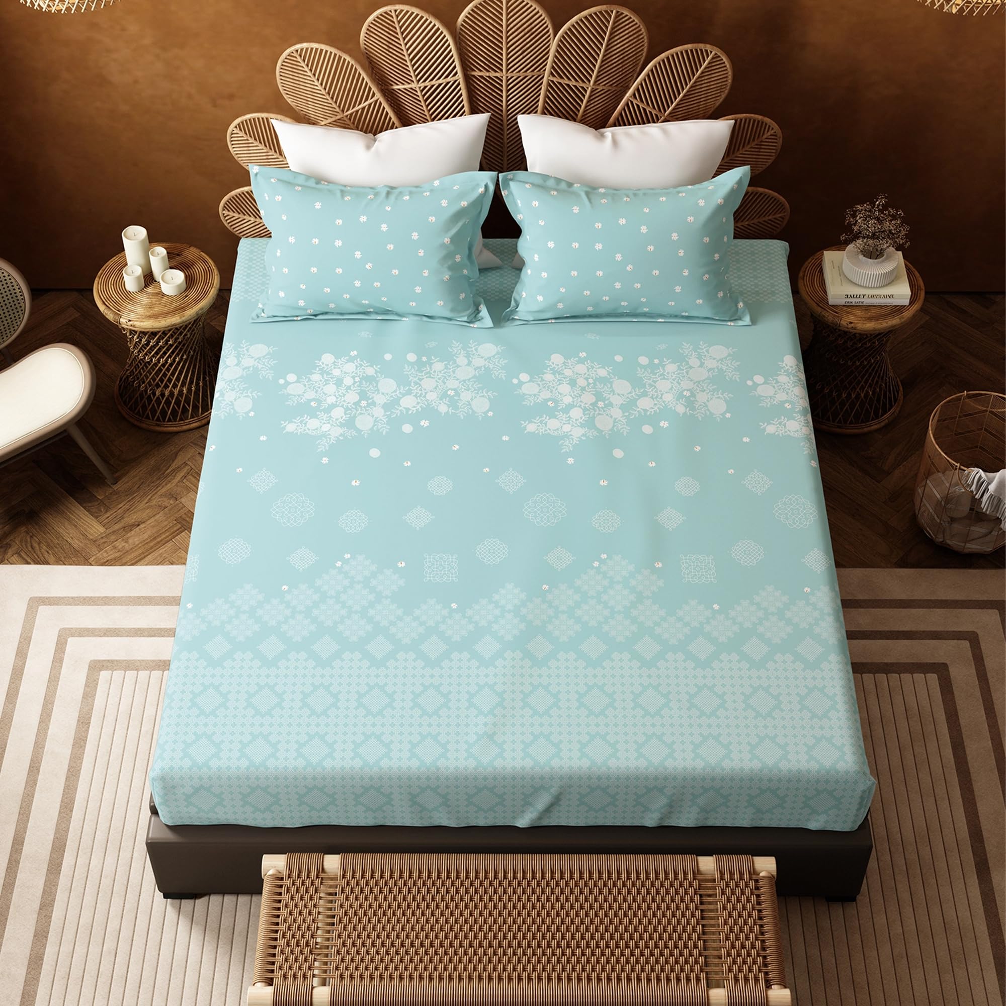 myTrident Bedsheet for Double Bed King Size | Namaste Bharat Collection | 144 TC 100% Cotton Elastic Fittedsheet with 2 Pillow Covers | 72 Inches x 78 Inches + 12 Inches - Kolam Streets Blue-image-28