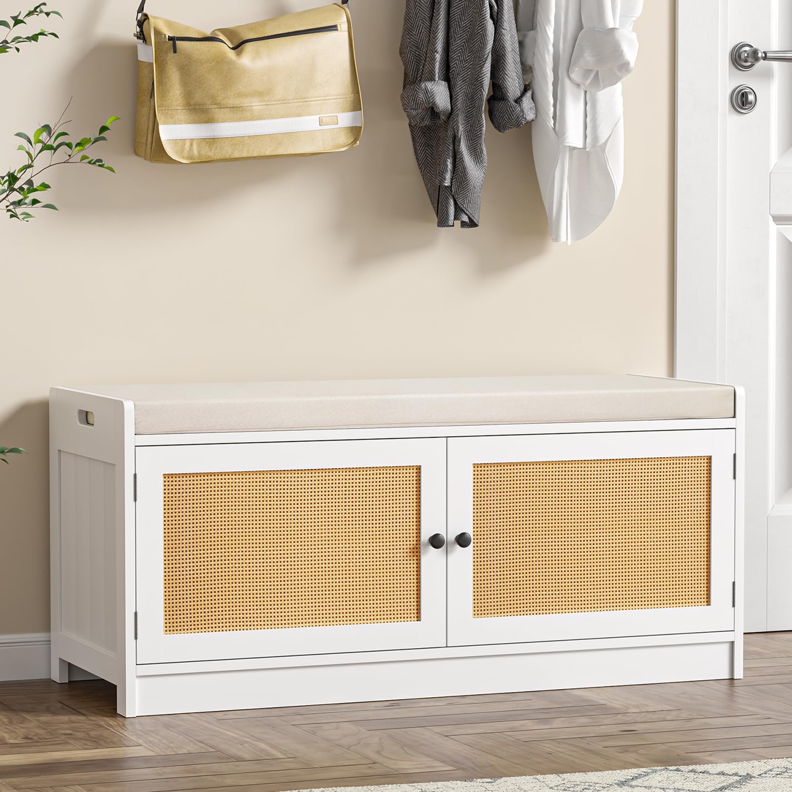 Skokliz Entryway Shoe Bench, Rustic Storage Bench with Cushioned Seat, Long Hidden Shoe Organizer Bench with 2 Doors, Wooden Shoe Benchs in Hallway Living Room Bedroom