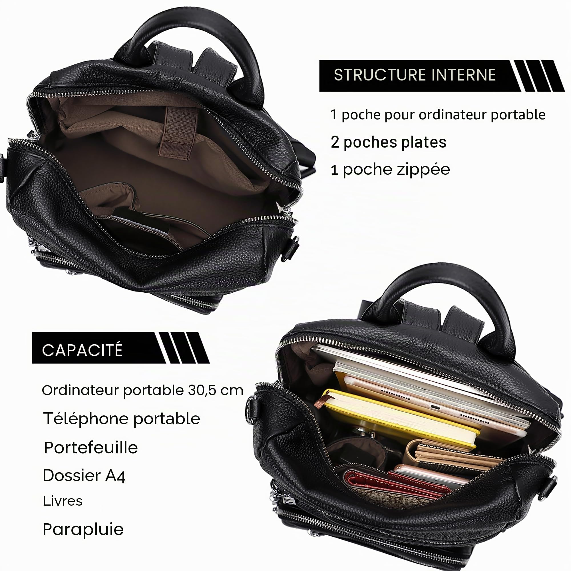 ALTOSY Sac à Dos Cuir Femme Véritable Grand Élégant Souple Bandoulière | Pour ipad 11", Multi-poches, Sac à Dos Décontracté Convertible pour Quotidien, Voyage, Déplacements, S106 Noir