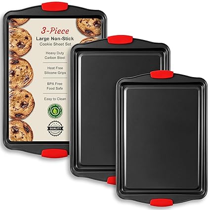 Baking Sheet Set, 3-Piece Cookie Sheet Set with Silicone Handles, Steel Baking Pans Set, Durable Baking Sheets for Oven, BPA Free Cookie Sheets for Baking Nonstick Set, Sheet Pan - Black Baking Tray
